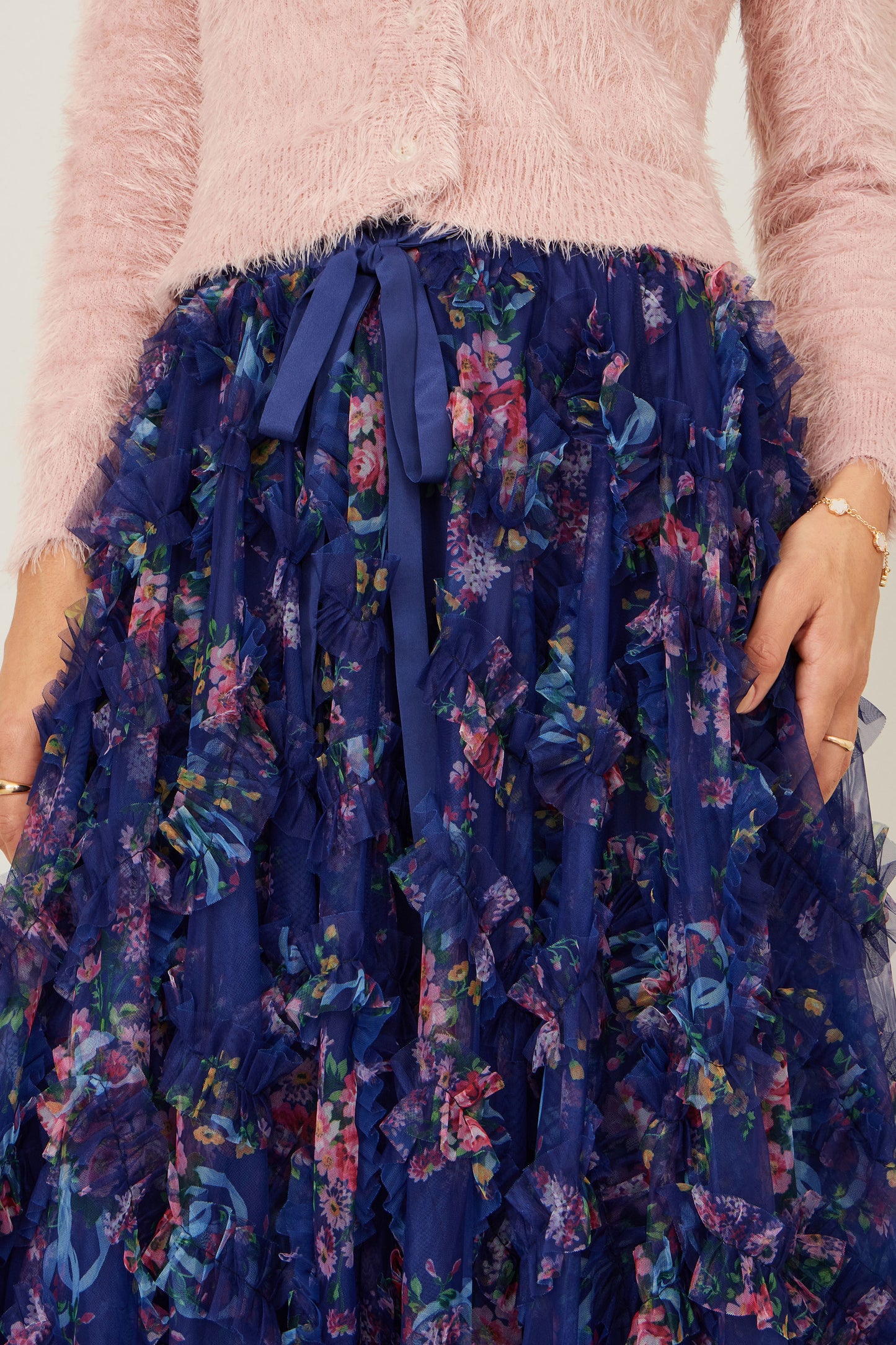 Yumi Navy Floral Ruffle Mesh Midi Skirt Skirts Yumi