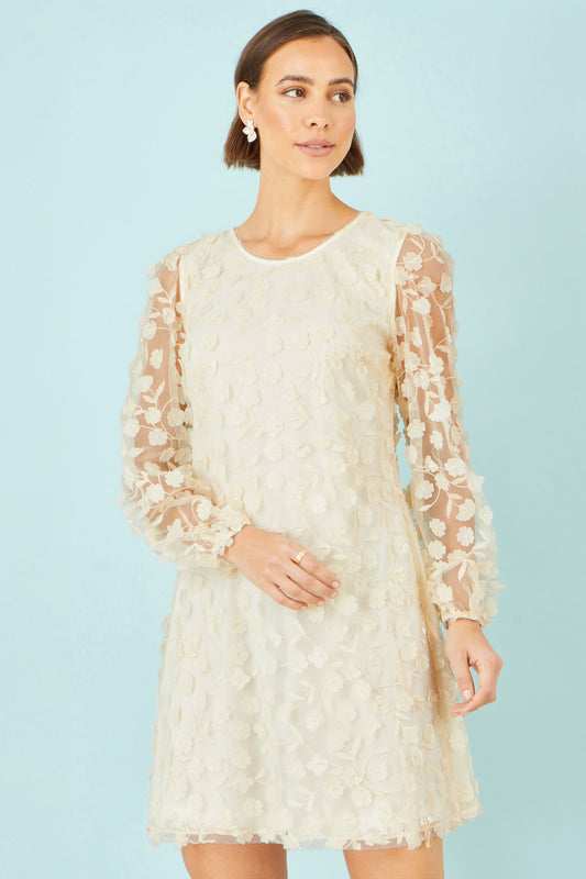 Yumi Ivory Long Sleeve Floral Applique Tunic Dress Occasion Yumi