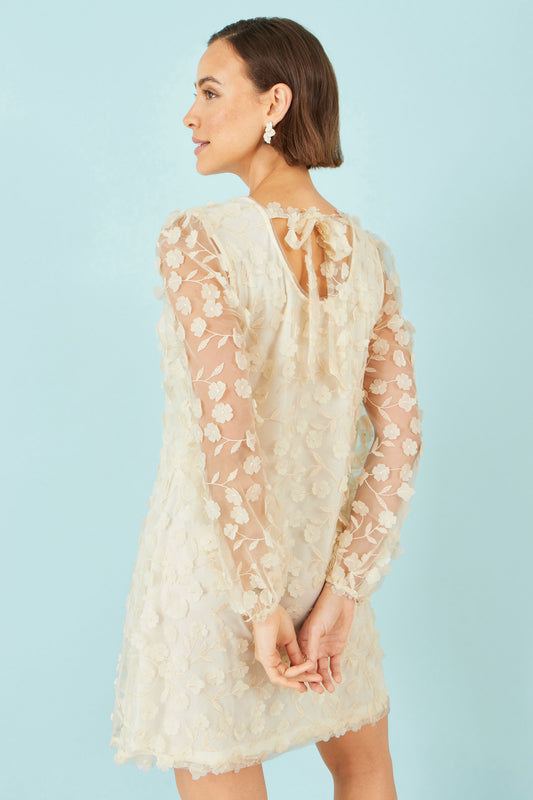 Yumi Ivory Long Sleeve Floral Applique Tunic Dress Occasion Yumi