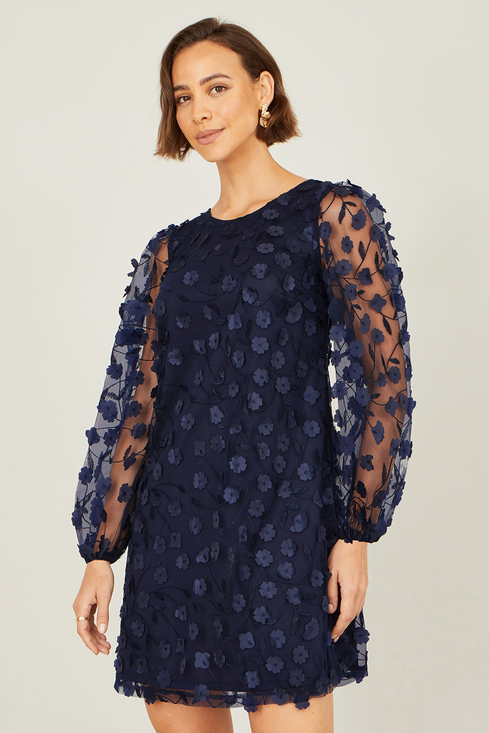 Yumi Navy Long Sleeve Floral Applique Tunic Dress Occasion Yumi