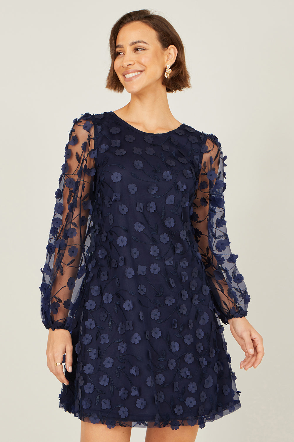 Yumi Navy Long Sleeve Floral Applique Tunic Dress Occasion Yumi