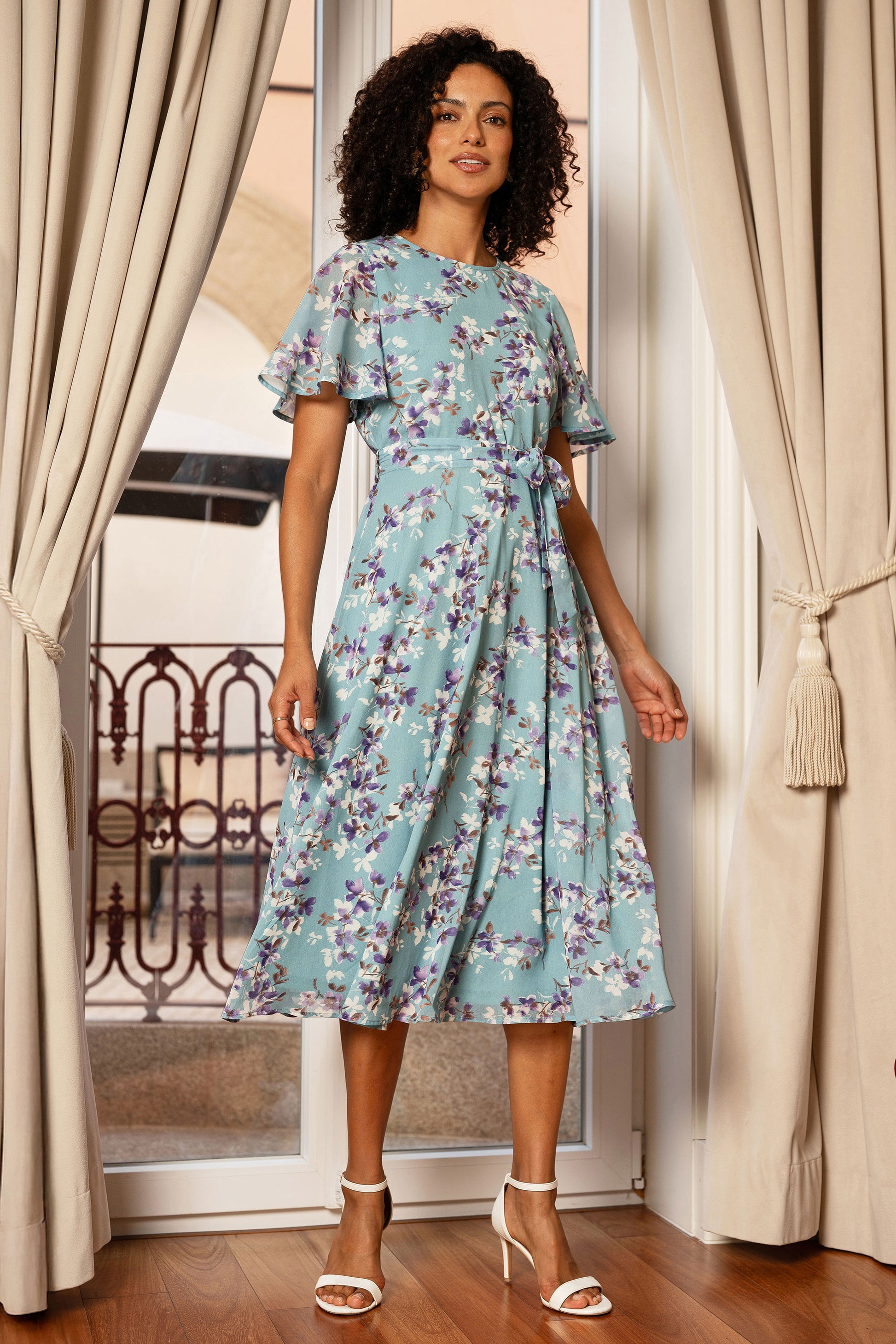 Yumi Blue Blossom Skater Midi Dress With Angel Sleeves Dress Occasion Yumi
