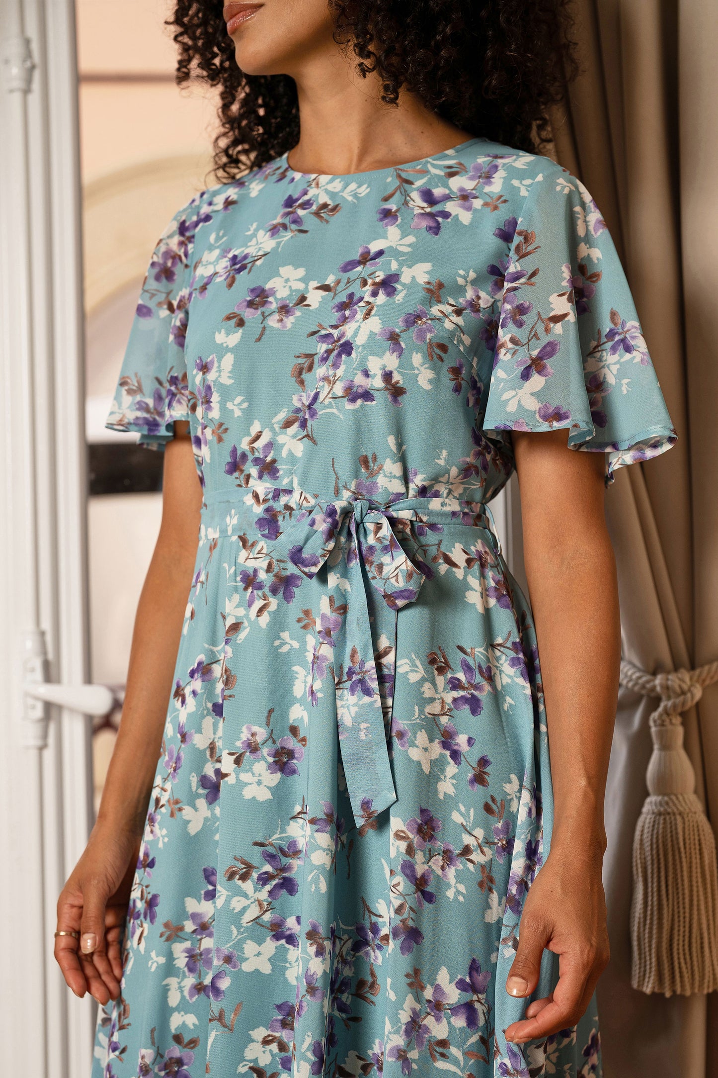 Yumi Blue Blossom Skater Midi Dress With Angel Sleeves Dress Occasion Yumi