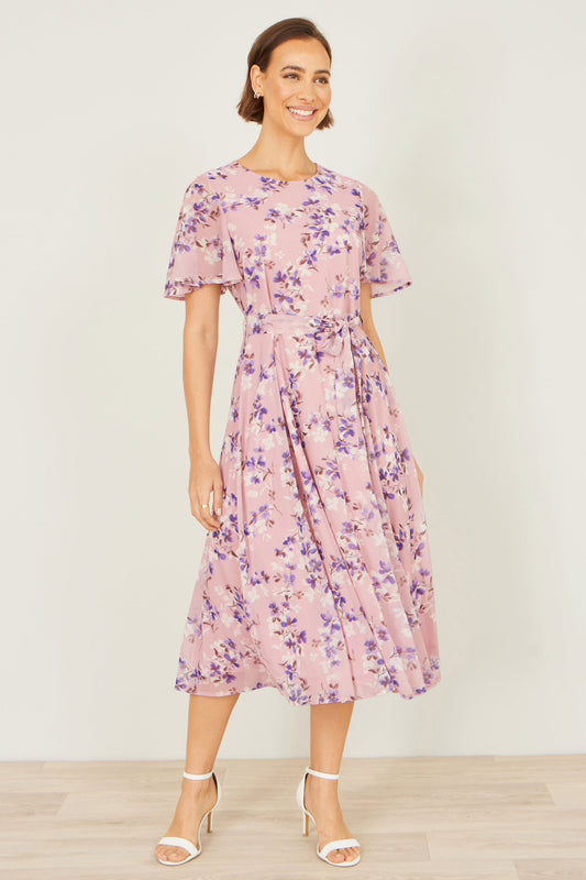 Yumi Pink Blossom Skater Midi Dress With Angel Sleeves Dress Occasion Yumi
