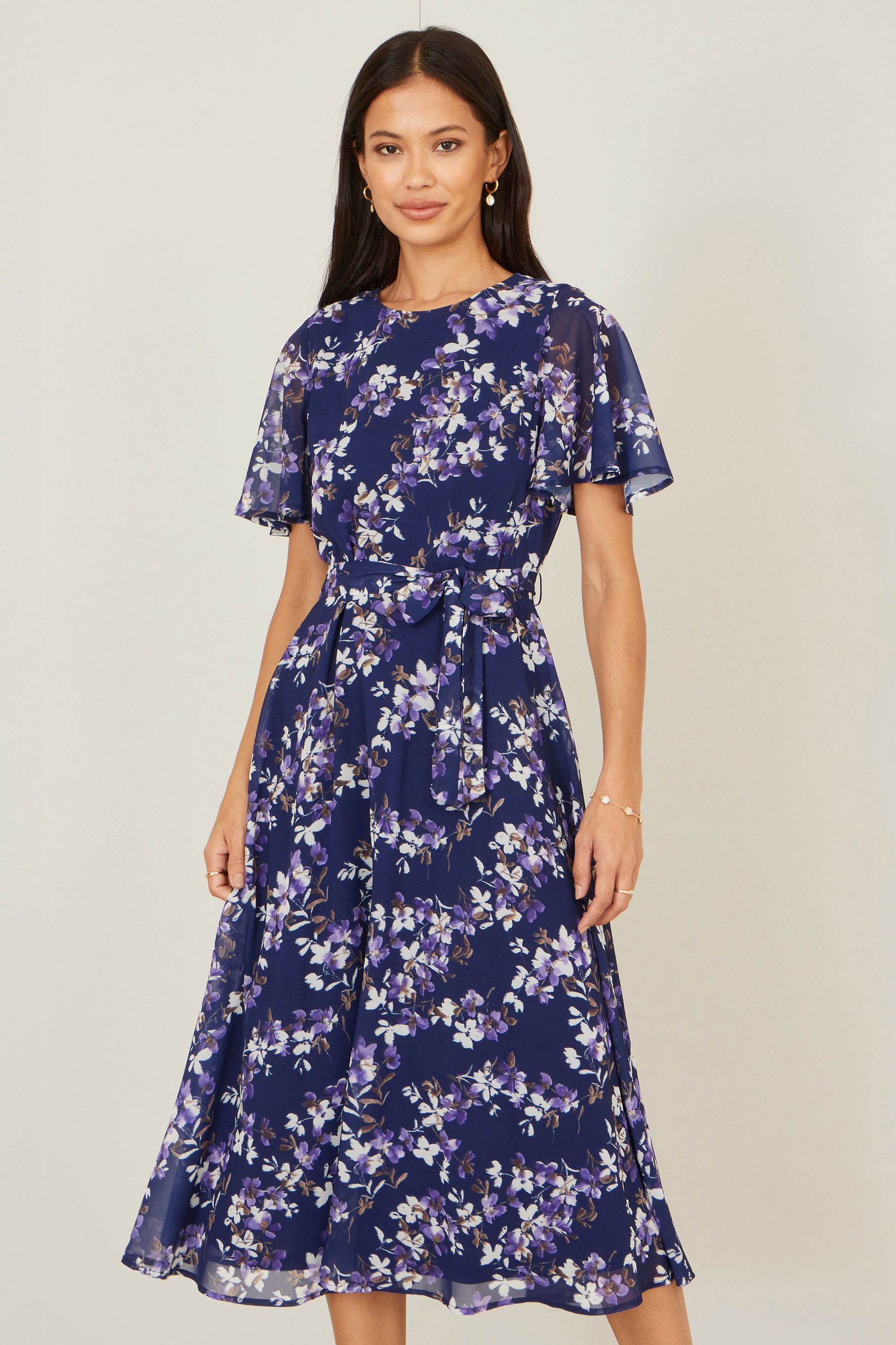 Yumi Navy Blossom Print Midi Skater Dress With Angel Sleeves Dress Occasion Yumi