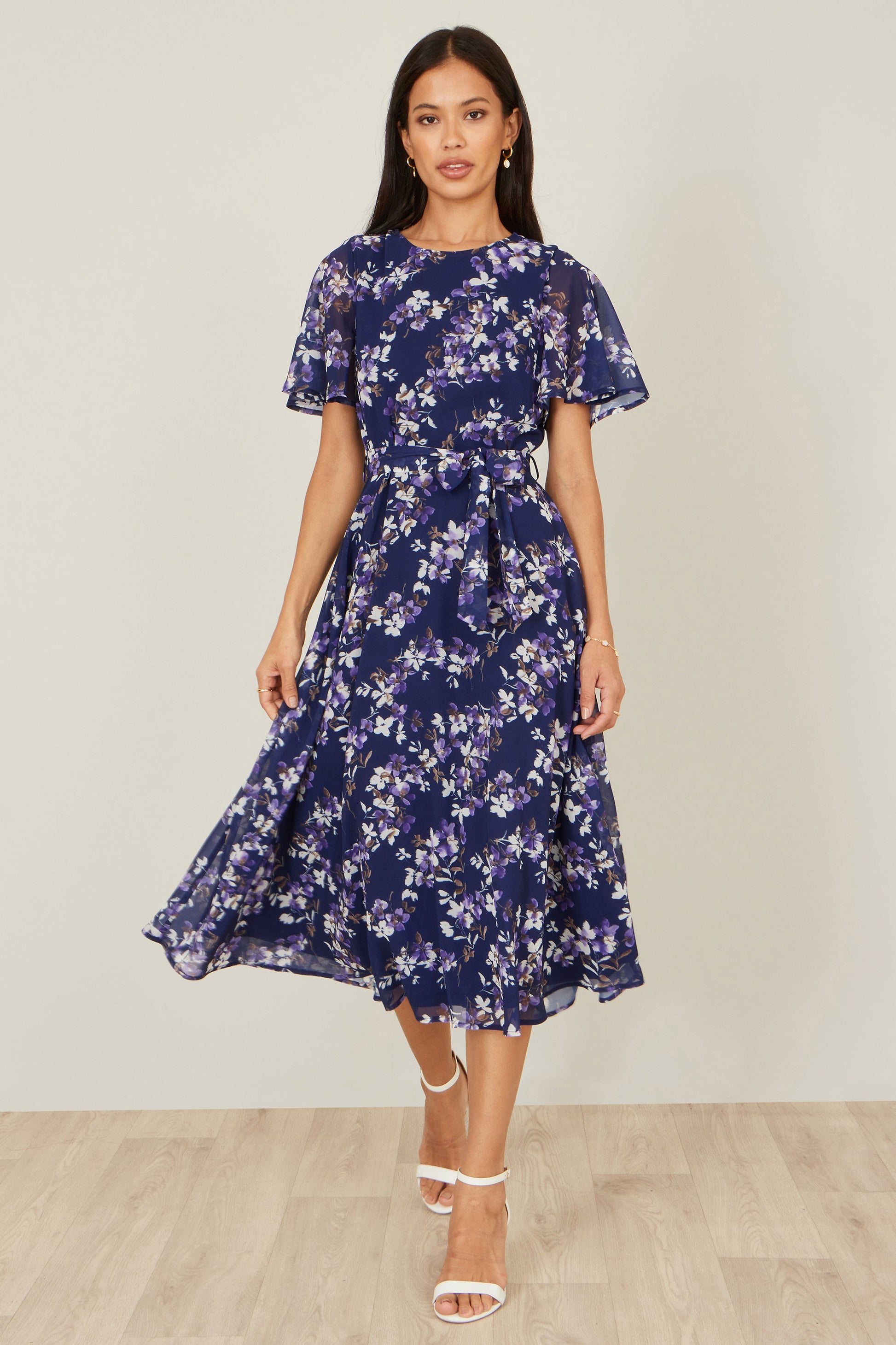 Yumi Navy Blossom Print Midi Skater Dress With Angel Sleeves Dress Occasion Yumi