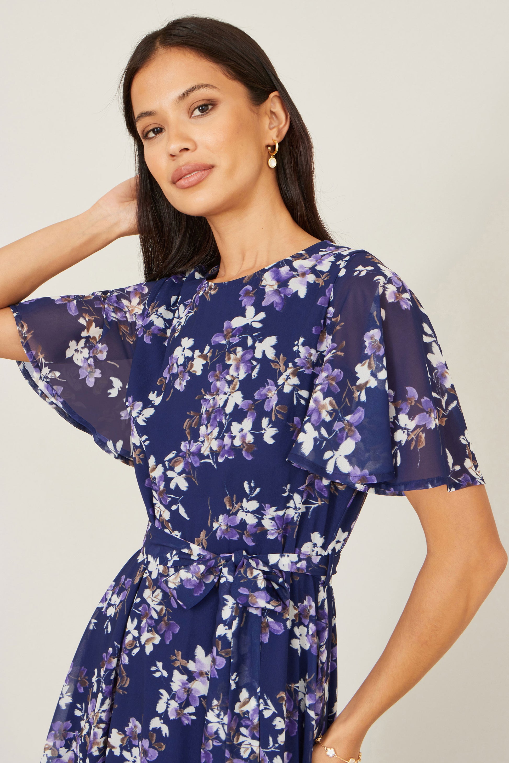 Yumi Navy Blossom Print Midi Skater Dress With Angel Sleeves Dress Occasion Yumi
