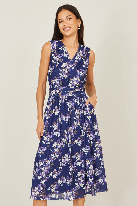 Yumi Navy Blossom Print Mesh Stretch Midi Dress With Pockets Dress Occasion Yumi