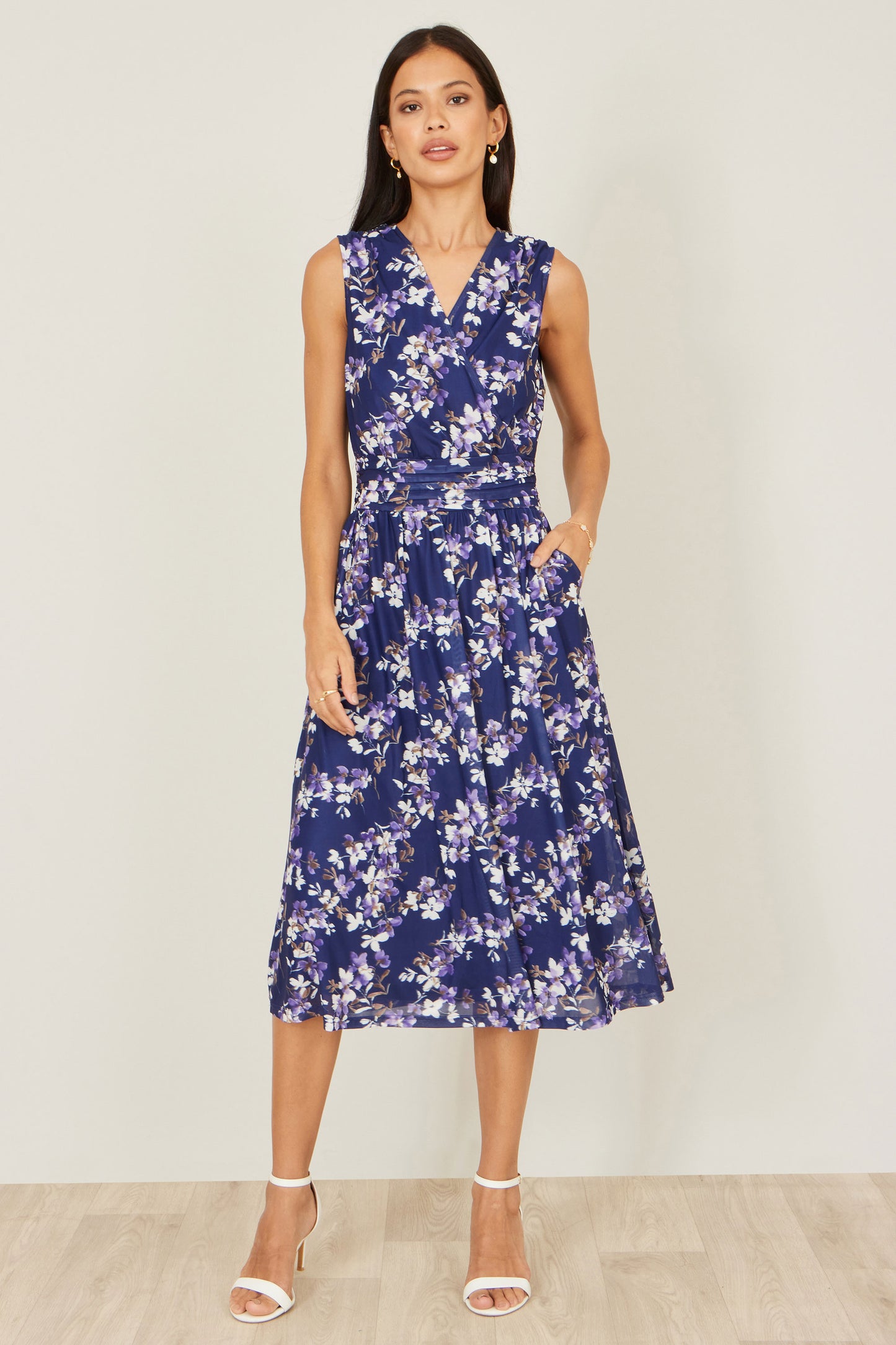 Yumi Navy Blossom Print Mesh Stretch Midi Dress With Pockets Dress Occasion Yumi