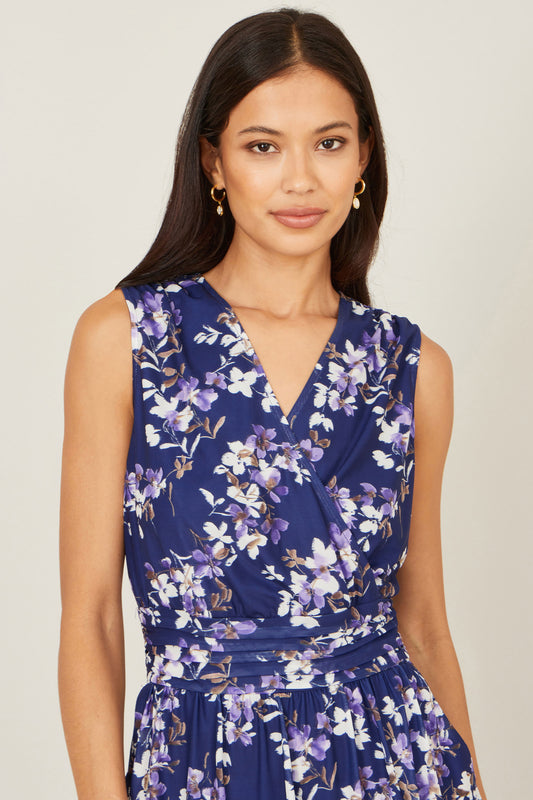 Yumi Navy Blossom Print Mesh Stretch Midi Dress With Pockets Dress Occasion Yumi
