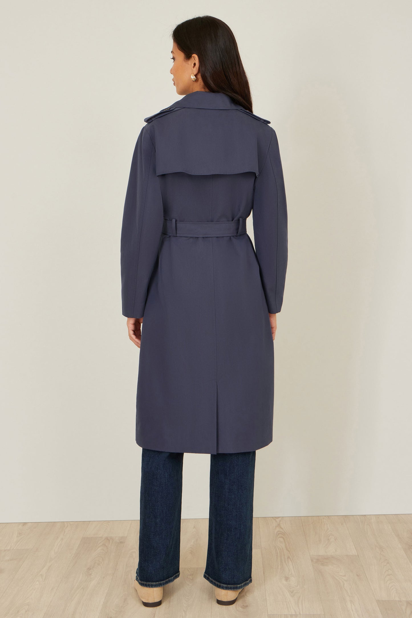 Yumi Navy Belted Long Trench Coat With Belt Outerwear Yumi