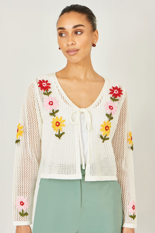 Yumi Ivory Crochet Embroidered Flower Bolero Knit Cardigan Yumi