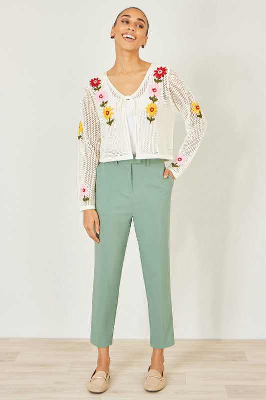 Yumi Ivory Crochet Embroidered Flower Bolero Knit Cardigan Yumi