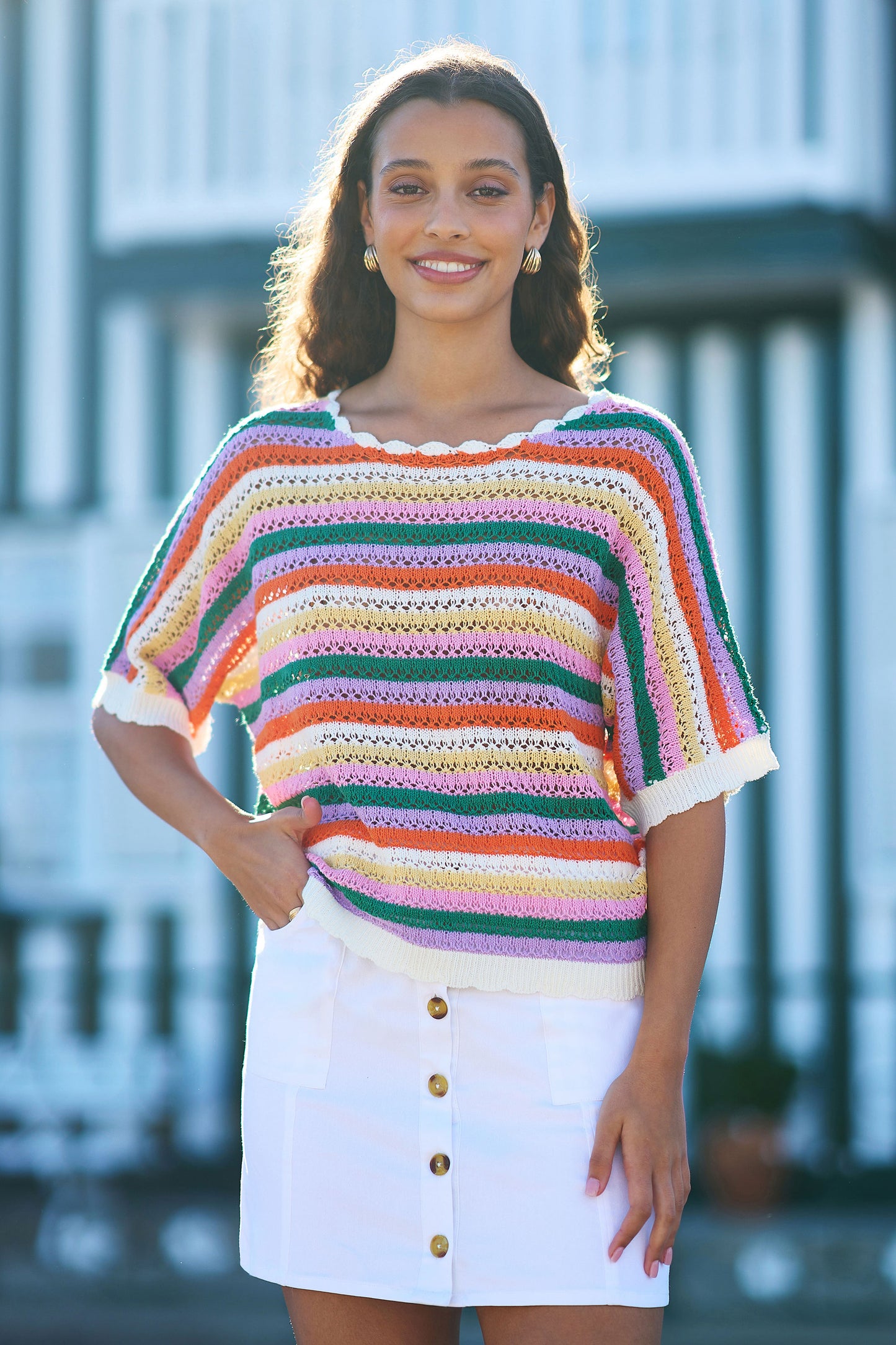 Yumi Multicolour Batwing Crochet Top Knit Top Yumi
