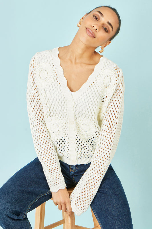 Yumi White Flower Crochet Cardigan Knit Cardigan Yumi
