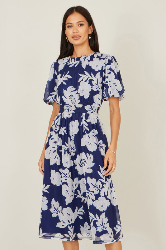 Yumi Navy Flower Stretch Mesh Midi Dress With Angel Sleeves Dress Occasion Yumi