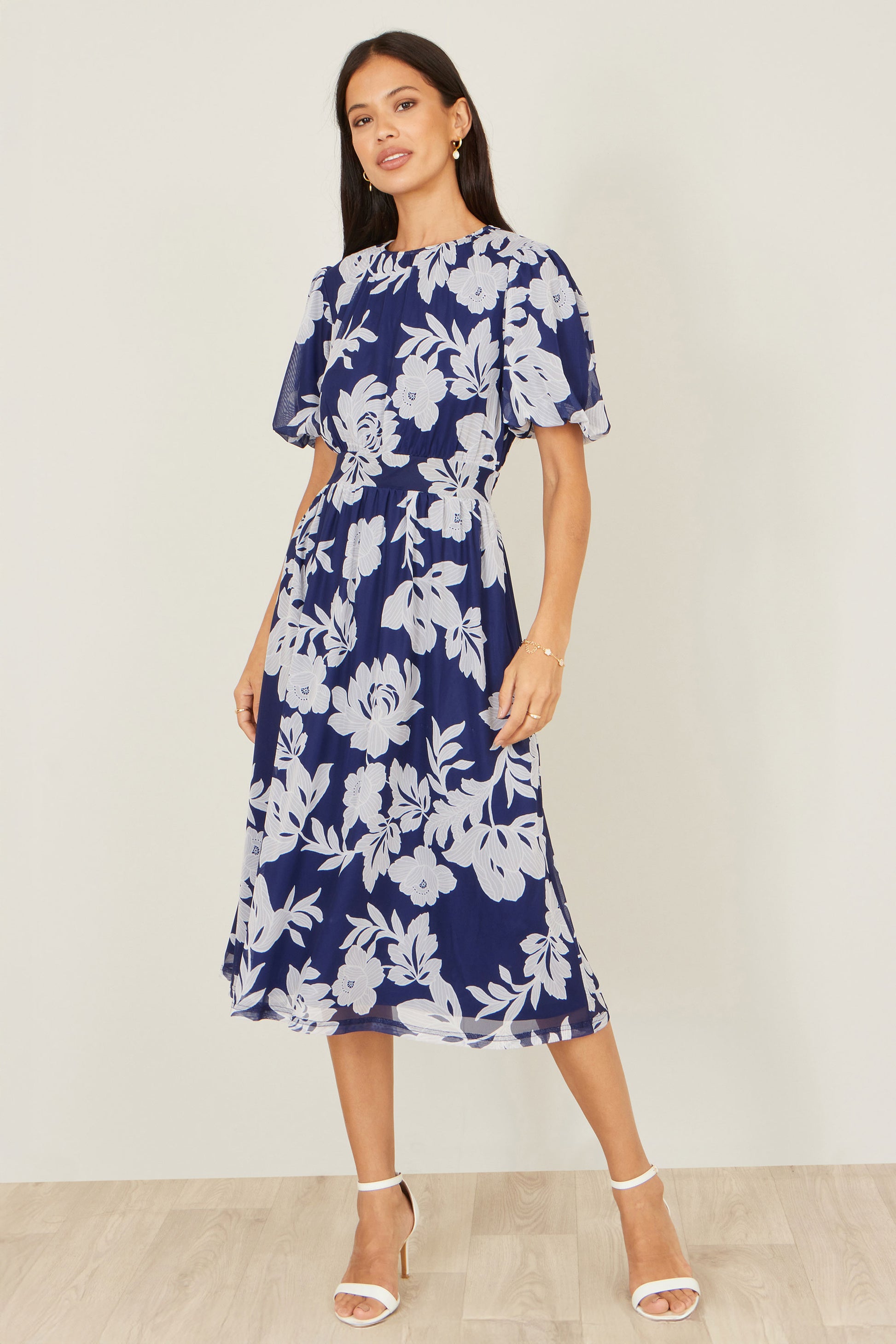 Yumi Navy Flower Stretch Mesh Midi Dress With Angel Sleeves Dress Occasion Yumi