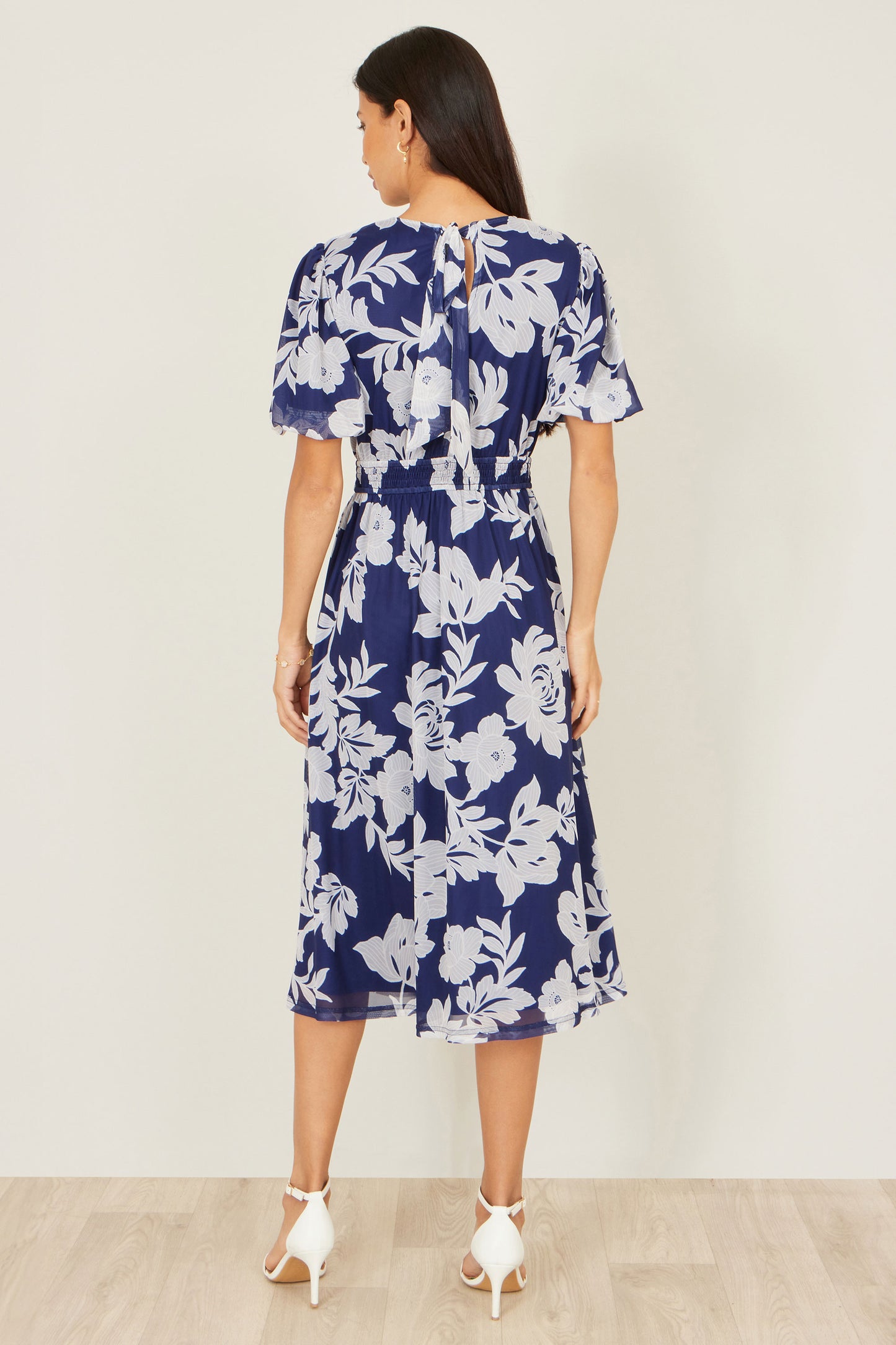 Yumi Navy Flower Stretch Mesh Midi Dress With Angel Sleeves Dress Occasion Yumi