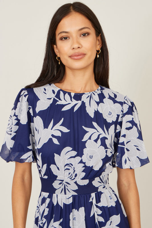 Yumi Navy Flower Stretch Mesh Midi Dress With Angel Sleeves Dress Occasion Yumi
