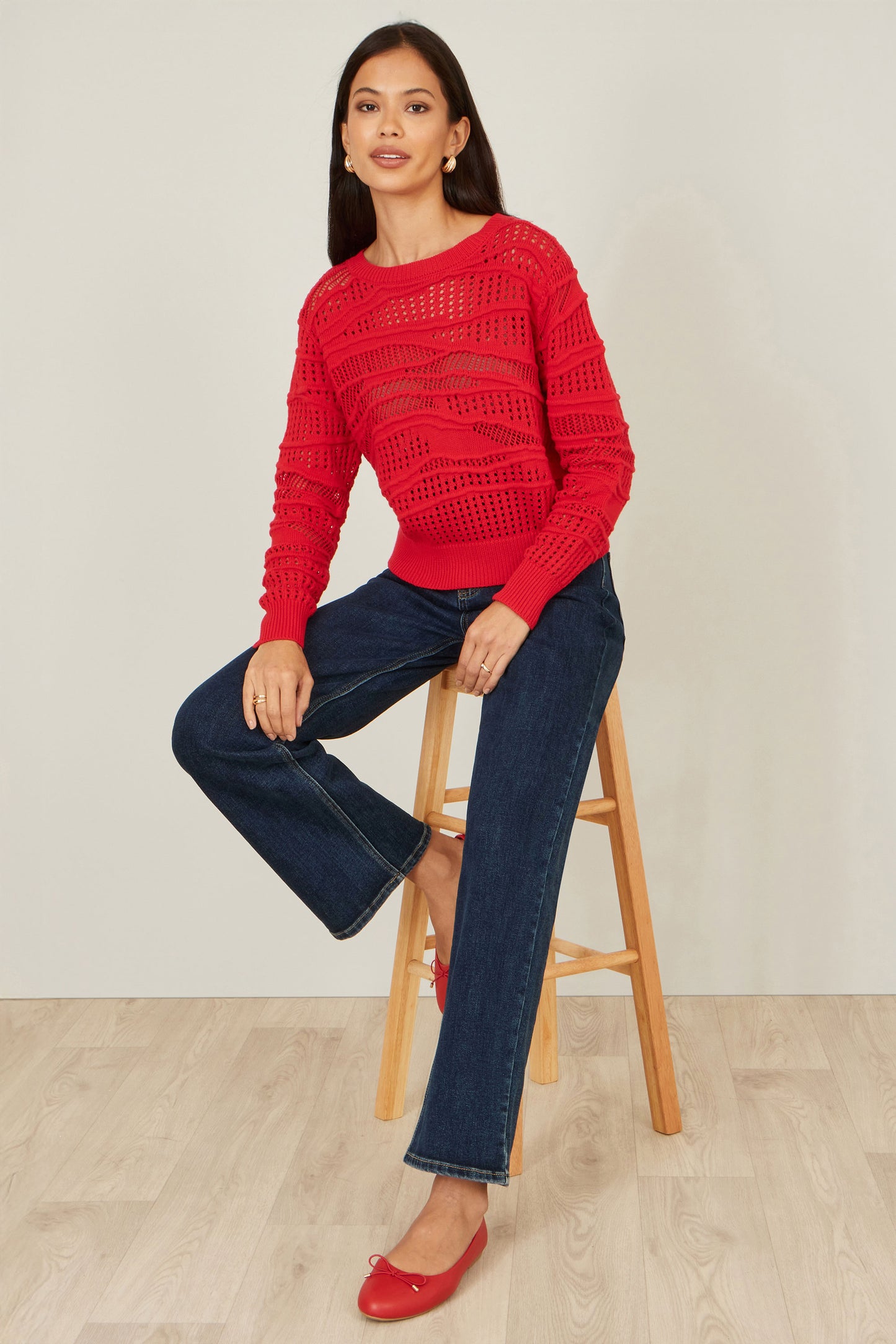 Yumi Red Wave Pointelle Knitted Jumper Knit Jumper Yumi
