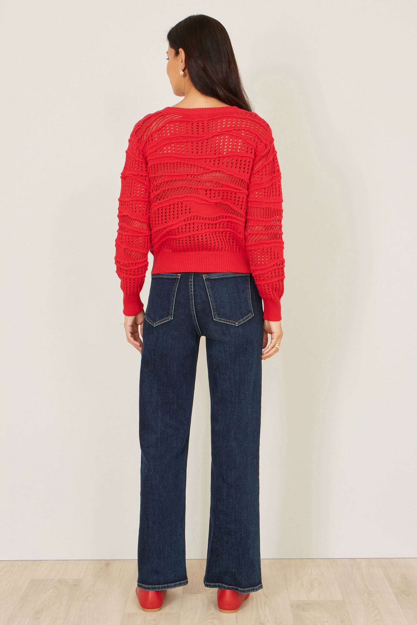 Yumi Red Wave Pointelle Knitted Jumper Knit Jumper Yumi