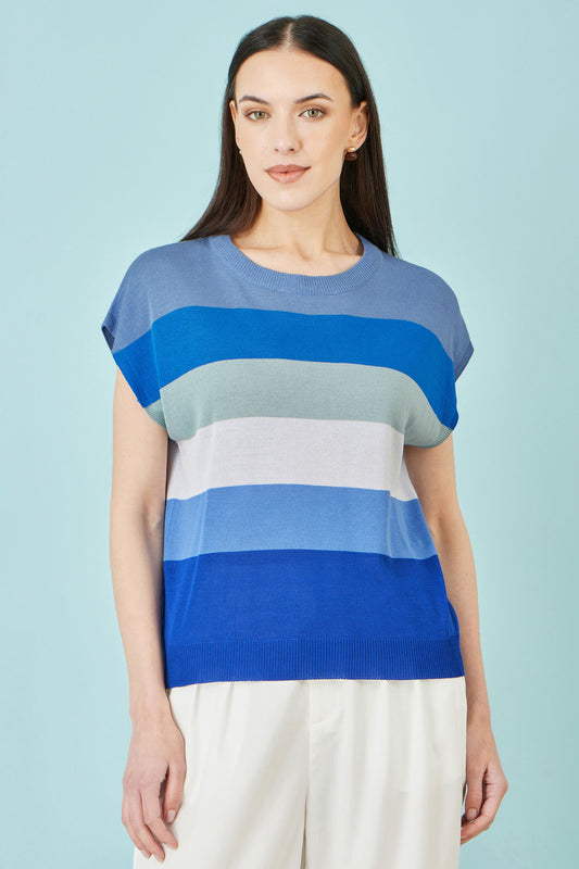 Yumi Blue Block Stripe Relaxed Knitted Top Knit Top Yumi
