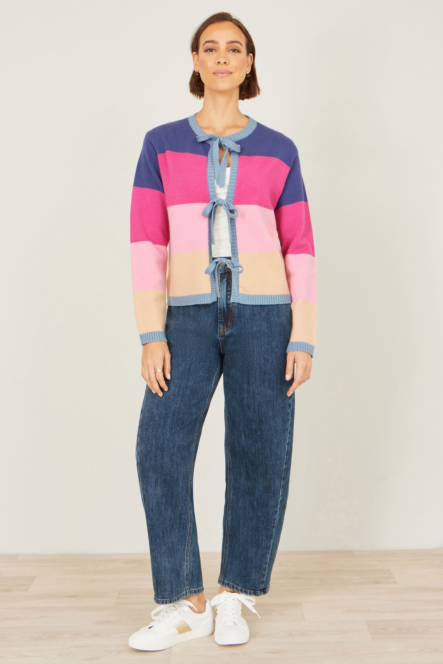 Yumi Multicolour Block Stripe Tie Front Cardigan Knit Cardigan Yumi