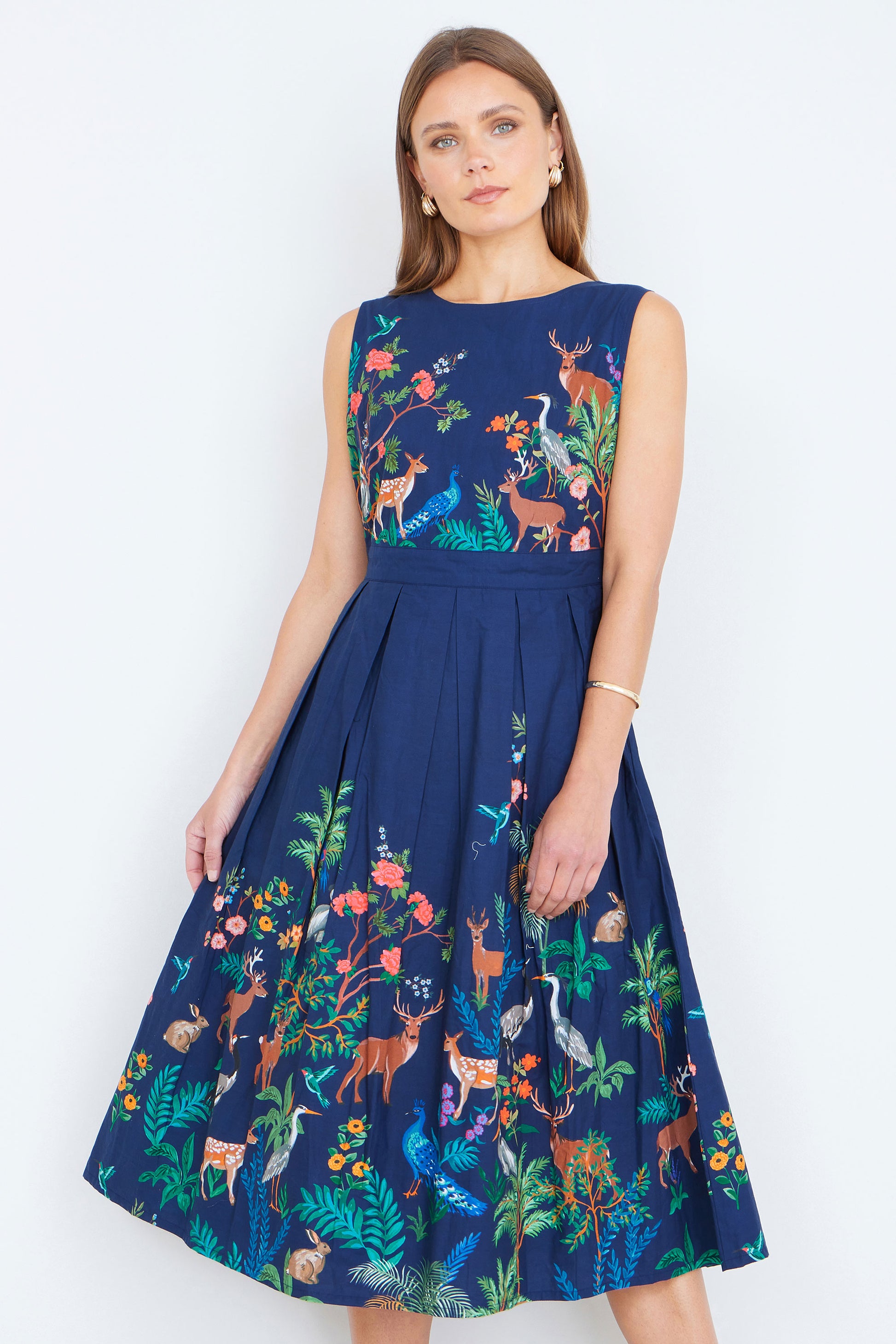 Yumi Navy Woodland Animal Print Cotton Midi Skater Dress Dress Casual Yumi