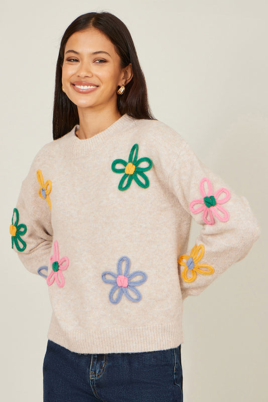 Yumi Oatmeal Relaxed Flower Embroidered Jumper Knit Jumper Yumi