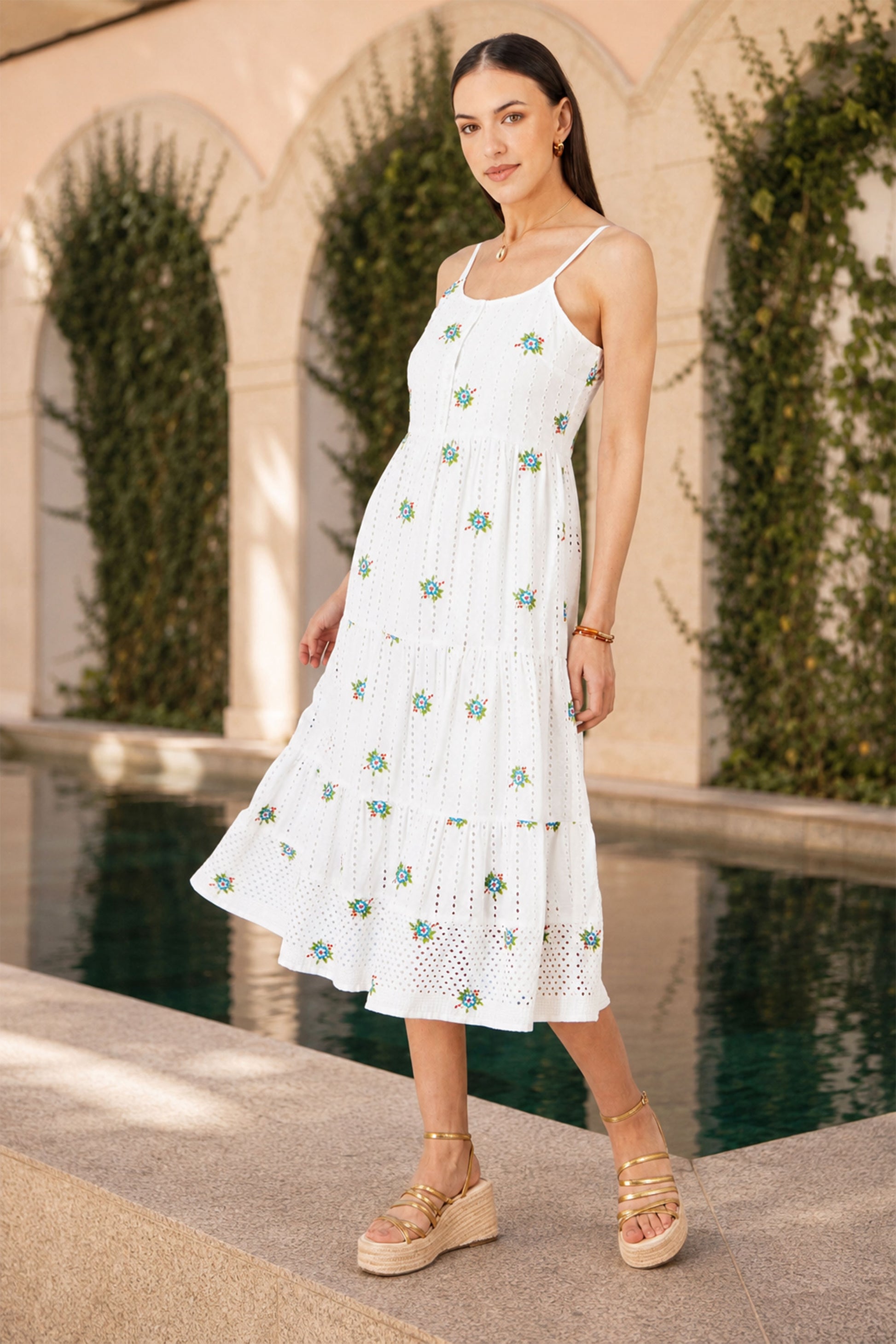 Yumi White Cotton Embroidered Broderie Anglaise Midi Sun Dress Beachwear Yumi