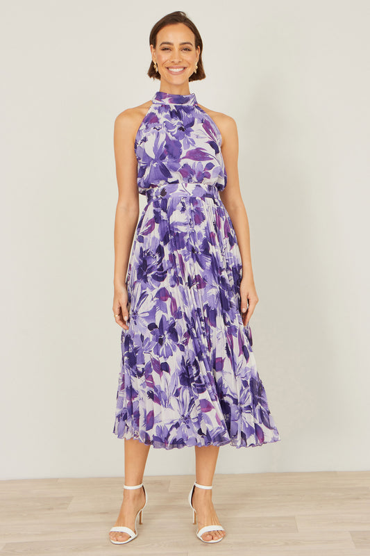 Yumi Purple Abstract Floral Halter Neck Pleated Midi Dress Dress Occasion Yumi