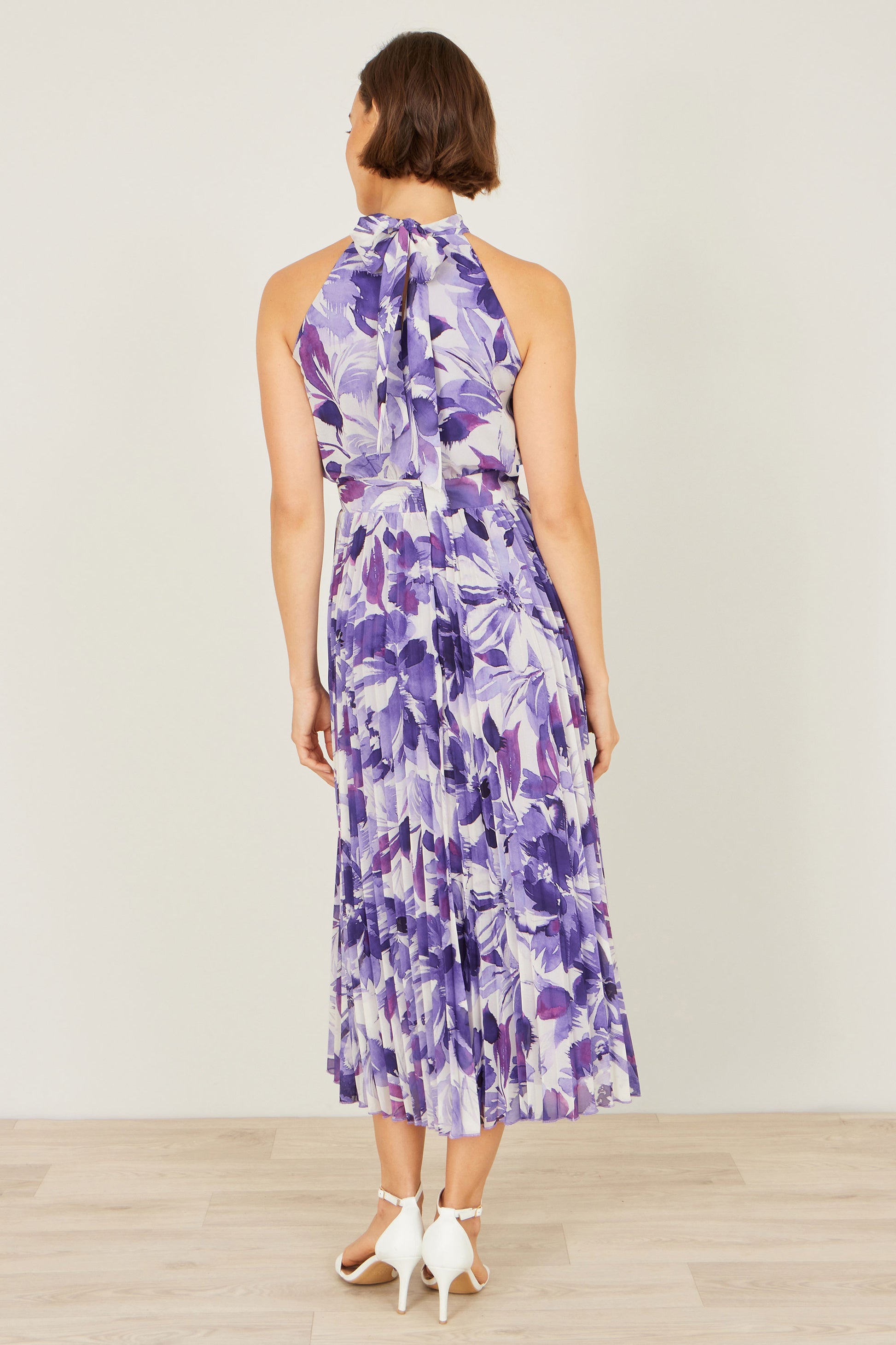 Yumi Purple Abstract Floral Halter Neck Pleated Midi Dress Dress Occasion Yumi