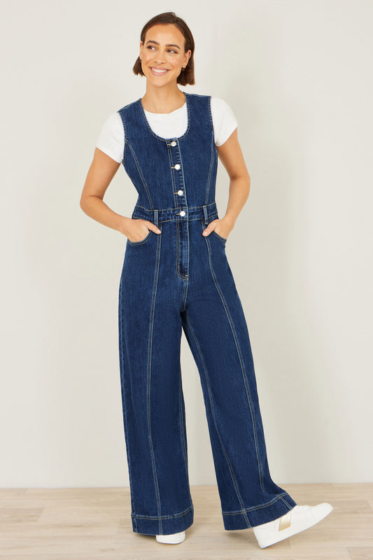 Yumi Blue Denim Stretch Fitted Jumpsuit JUMPSUIT Yumi