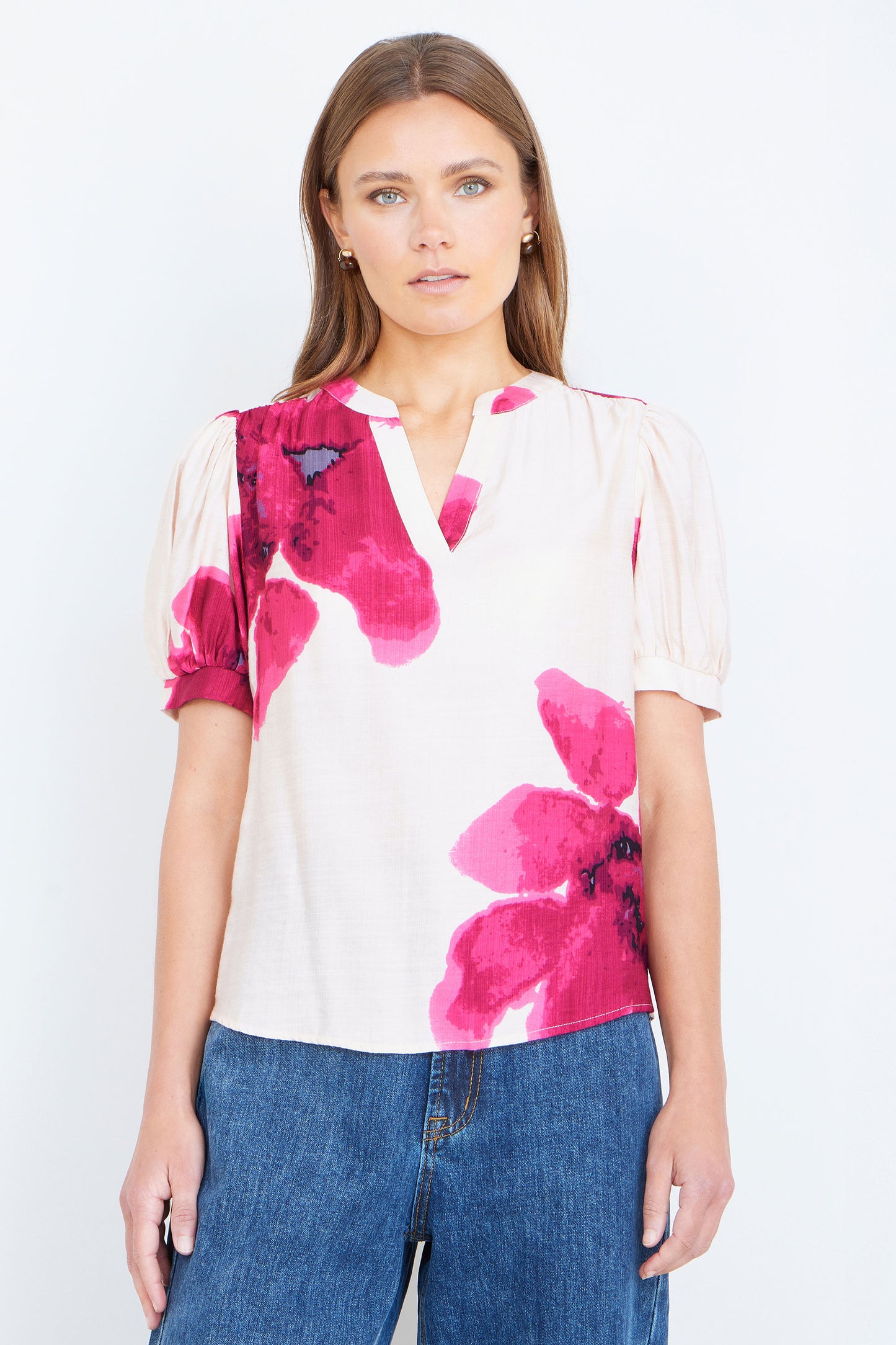 Yumi Pink Watercolour Viscose Floral Top Tops Yumi