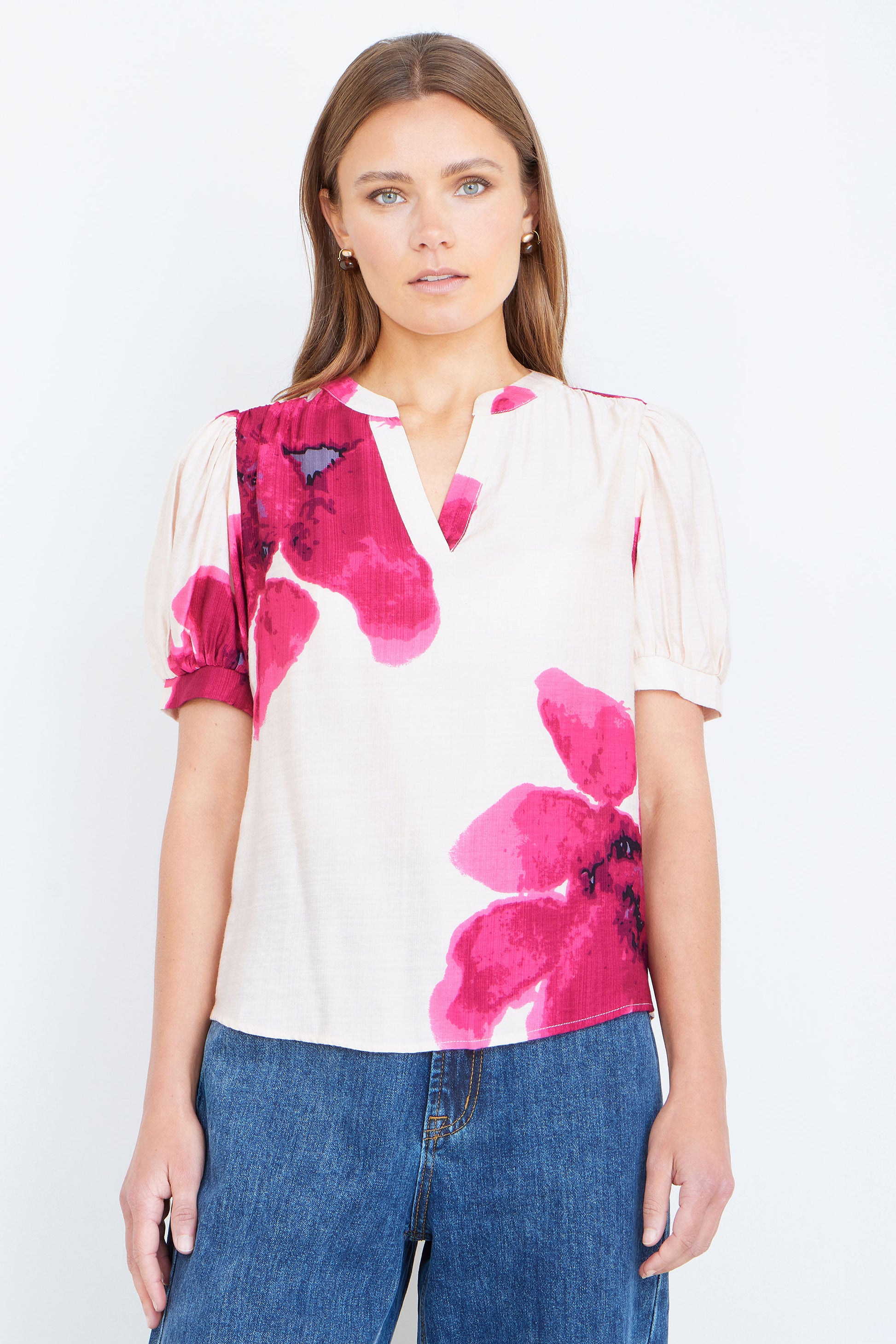 Yumi Pink Watercolour Viscose Floral Top Tops Yumi