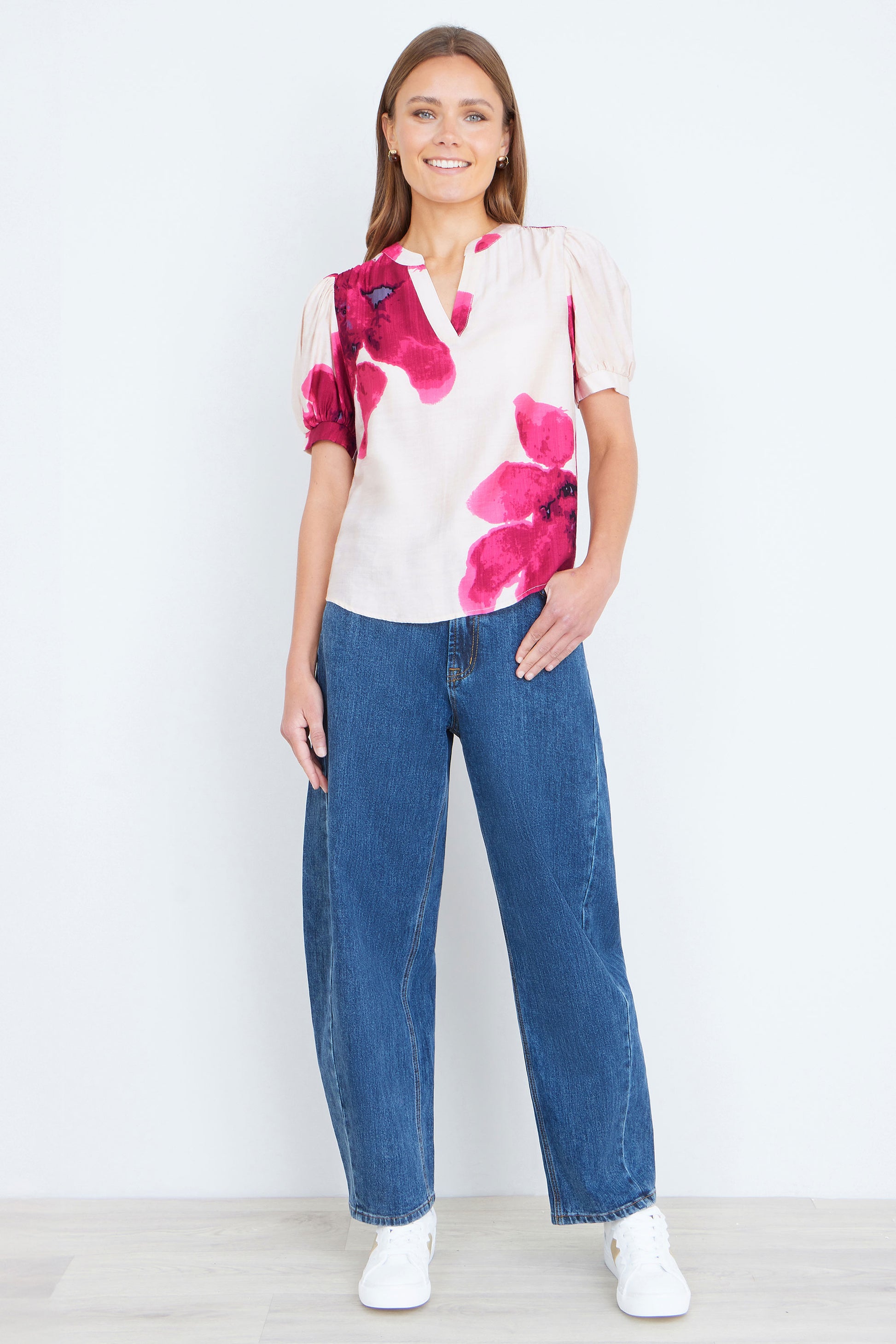 Yumi Pink Watercolour Viscose Floral Top Tops Yumi