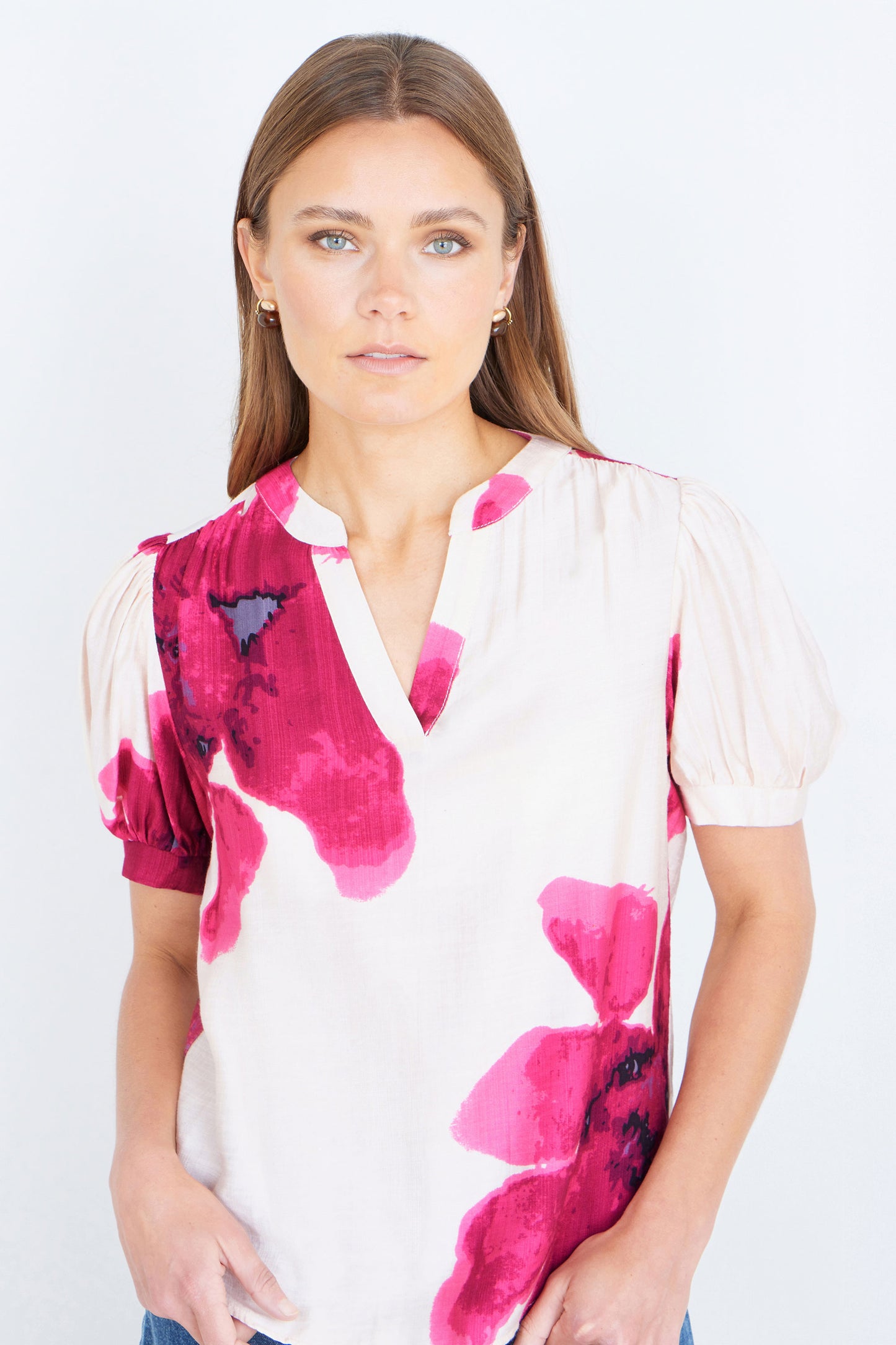 Yumi Pink Watercolour Viscose Floral Top Tops Yumi