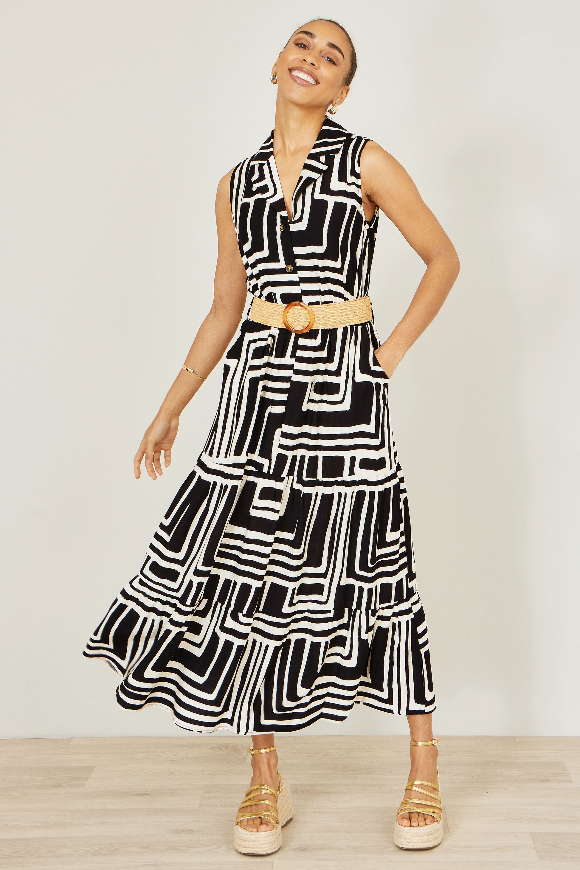 Yumi Black Viscose Geo Print Midi Shirt Dress With Matching Belt Dress Casual Yumi