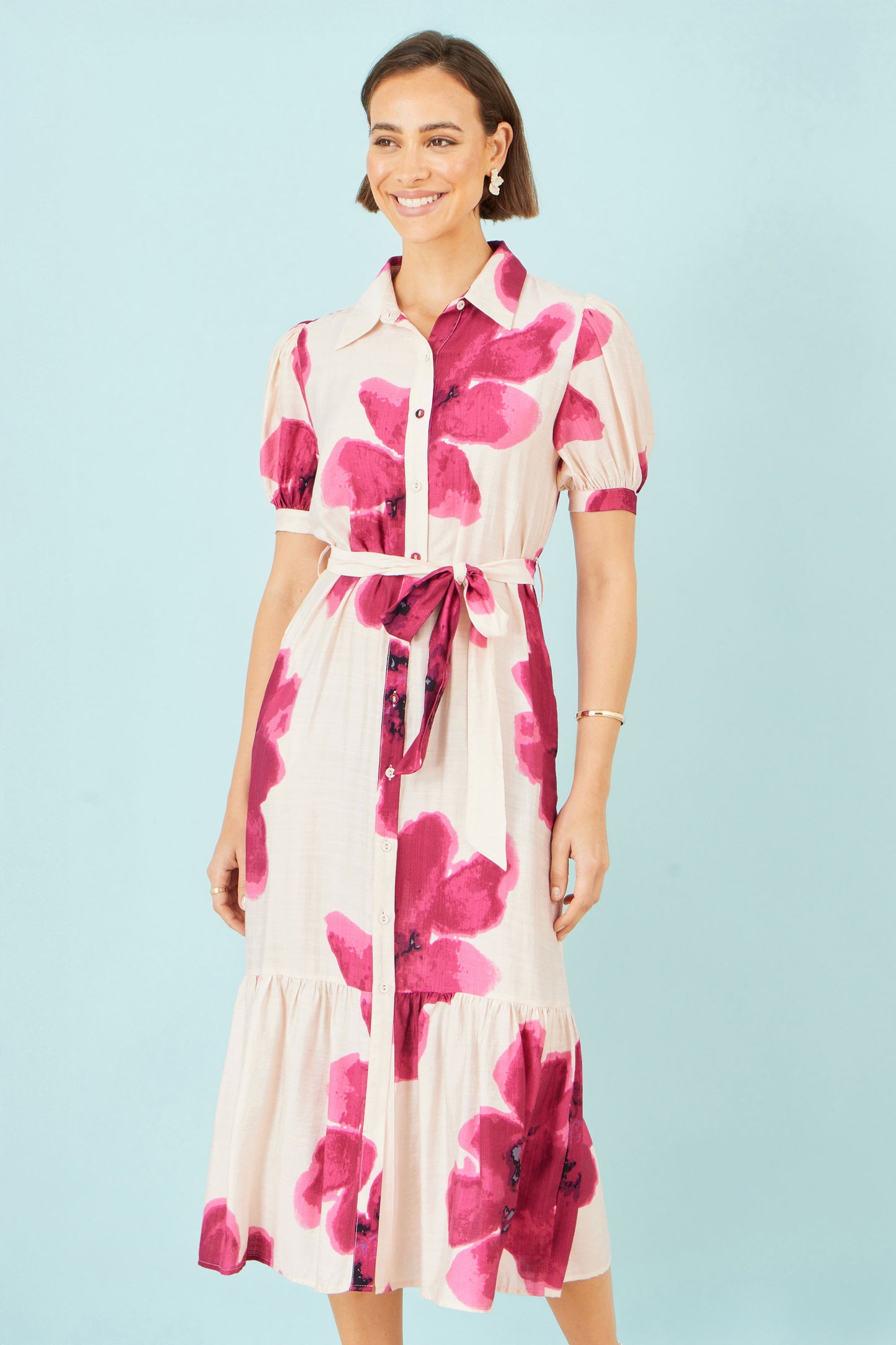 Yumi Pink Scattered Floral Shirt Dress Dress Occasion Yumi