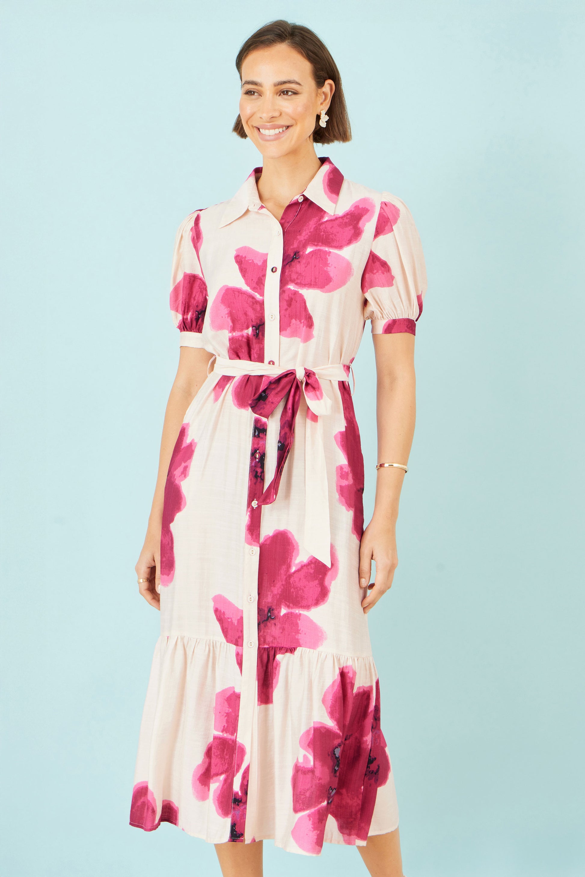 Yumi Pink Scattered Floral Shirt Dress Dress Occasion Yumi