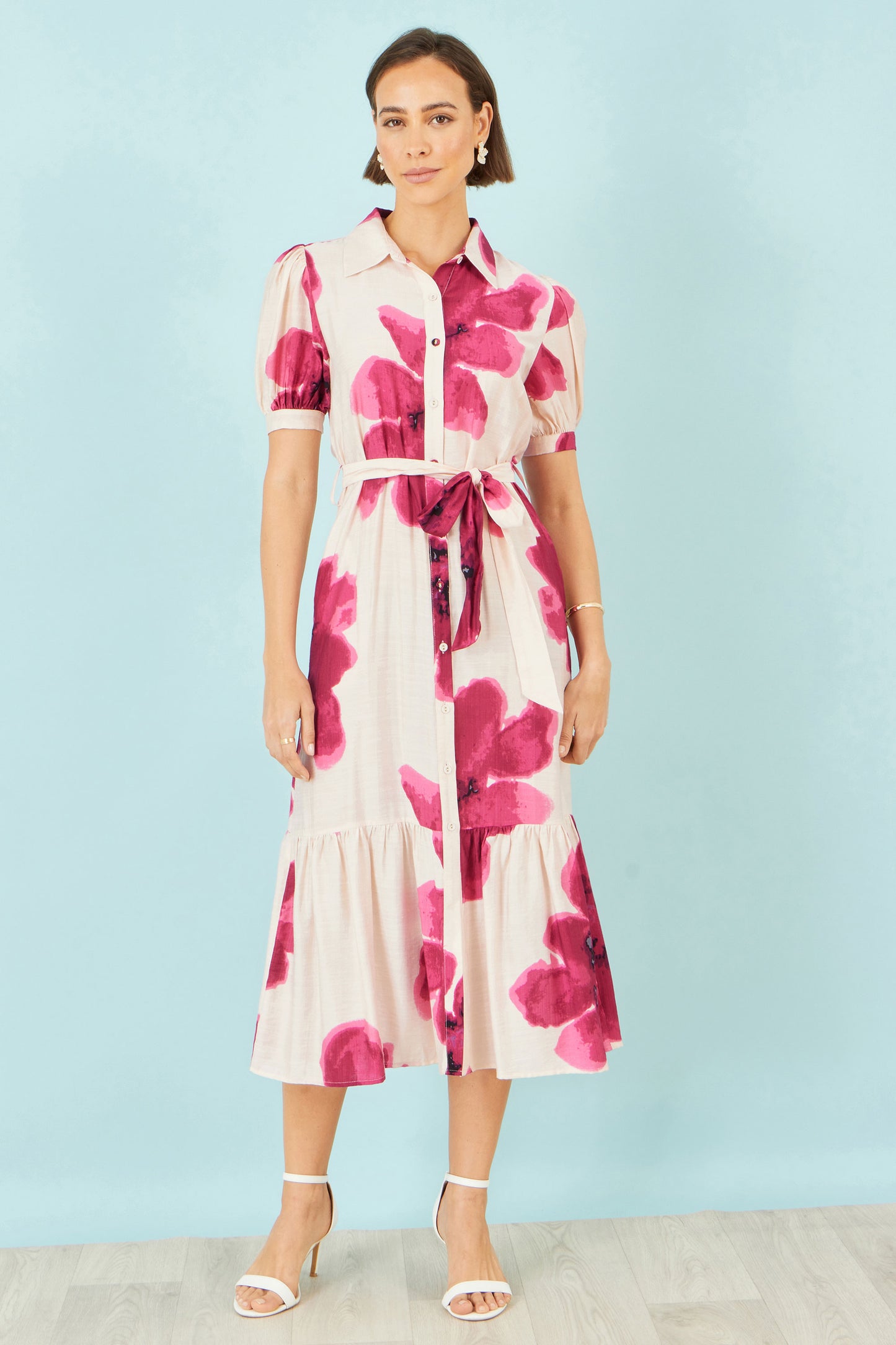 Yumi Pink Scattered Floral Shirt Dress Dress Occasion Yumi