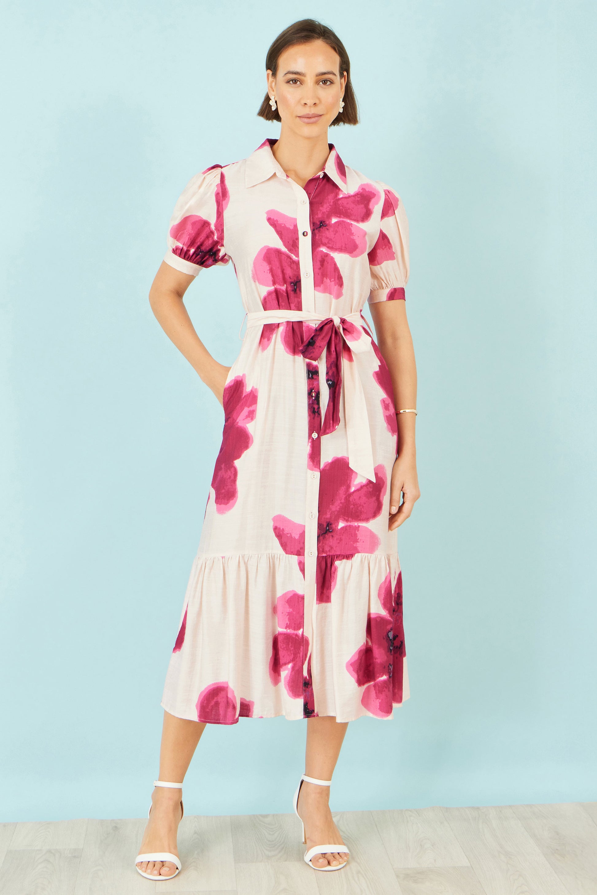 Yumi Pink Scattered Floral Shirt Dress Dress Occasion Yumi