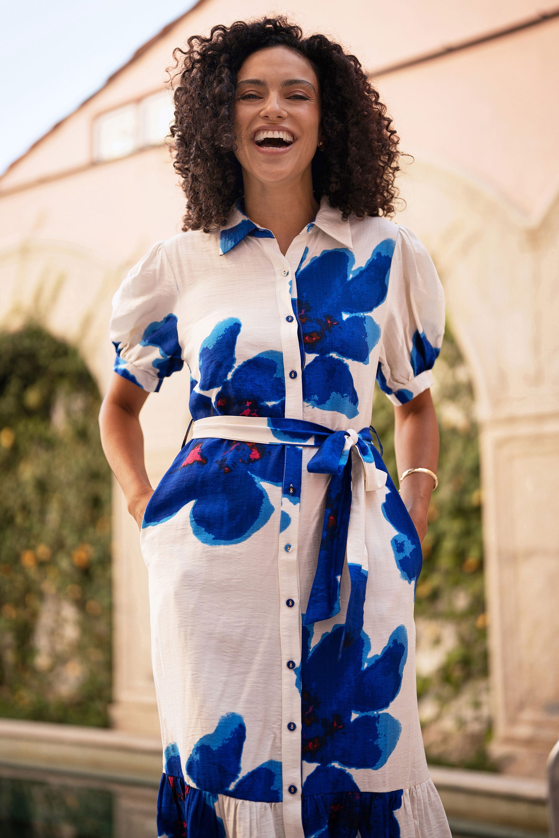 Yumi Blue Scattered Floral Shirt Dress Dress Occasion Yumi