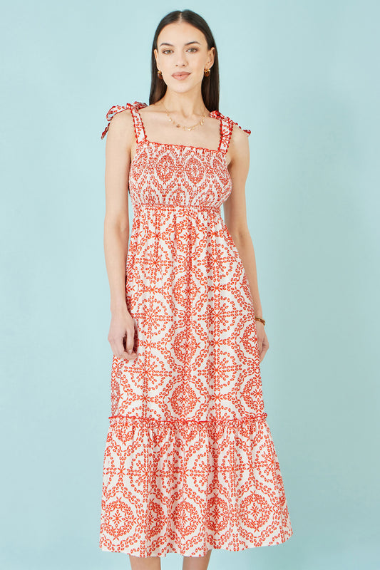 Yumi Red Viscose Ruched Tie Strap Midi Sun Dress Beachwear Yumi