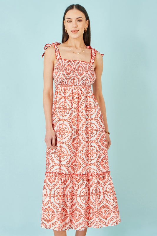Yumi Red Viscose Ruched Tie Strap Midi Sun Dress Beachwear Yumi