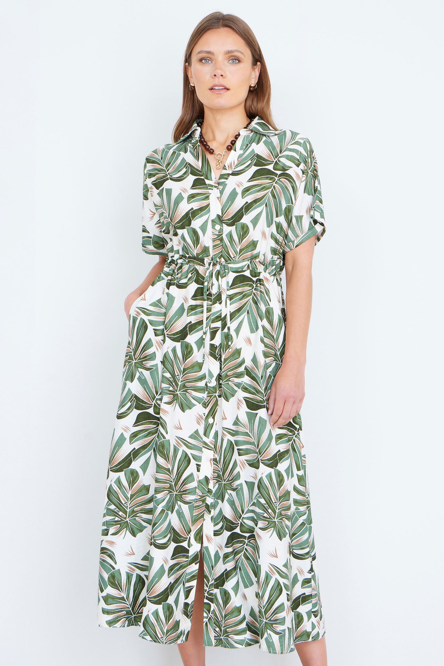 Yumi Green Viscose Leaf Print Relaxed Midi Dress Dress Casual Yumi