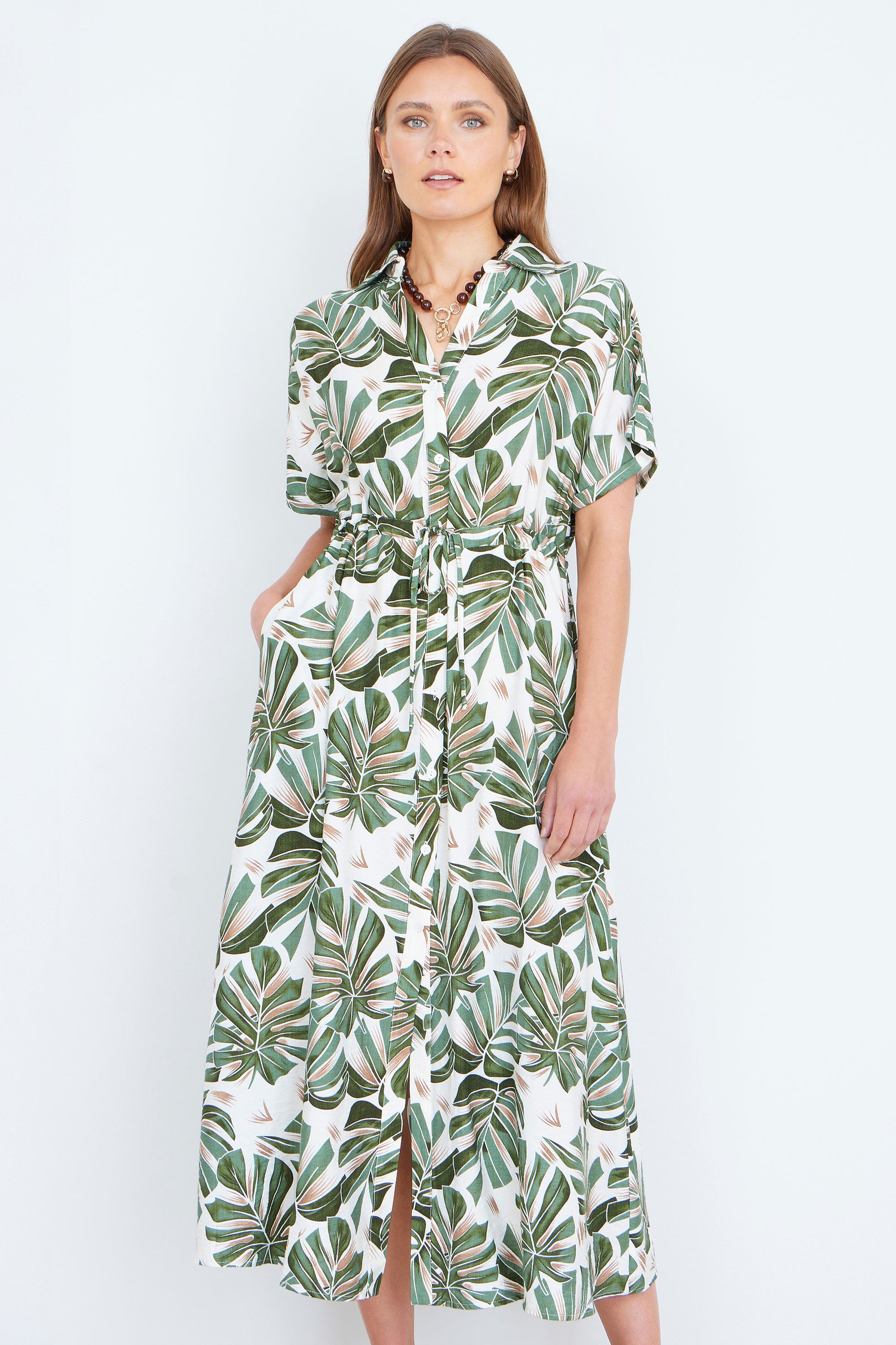 Yumi Green Viscose Leaf Print Relaxed Midi Dress Dress Casual Yumi