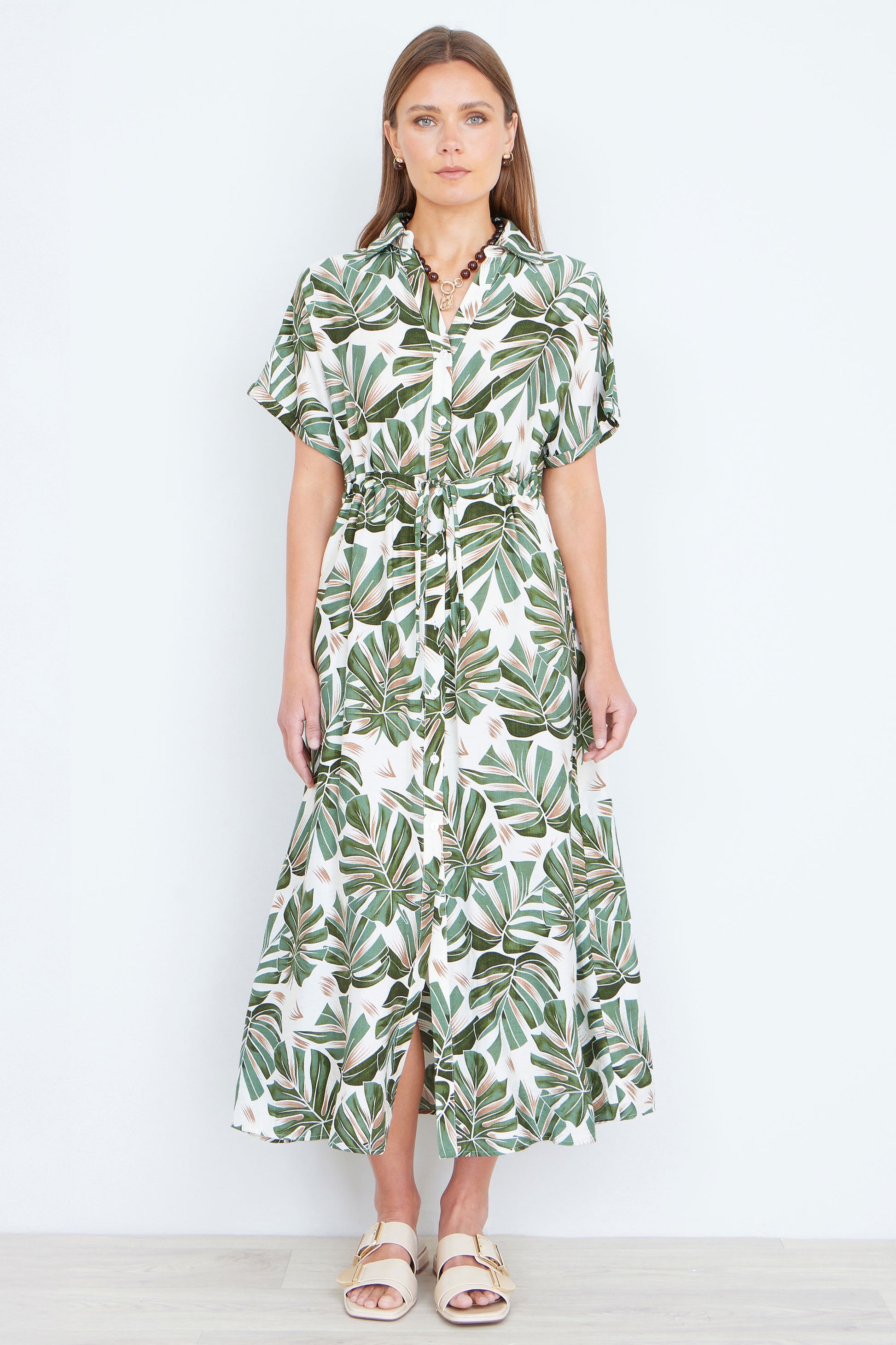 Yumi Green Viscose Leaf Print Relaxed Midi Dress Dress Casual Yumi