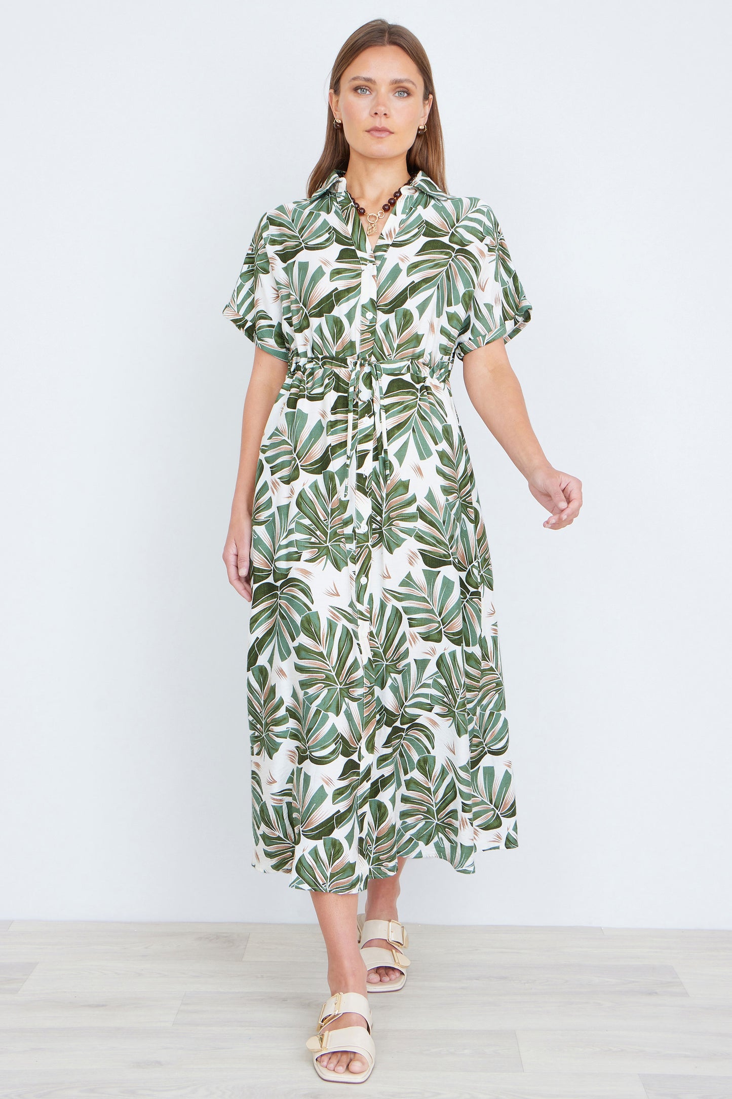 Yumi Green Viscose Leaf Print Relaxed Midi Dress Dress Casual Yumi