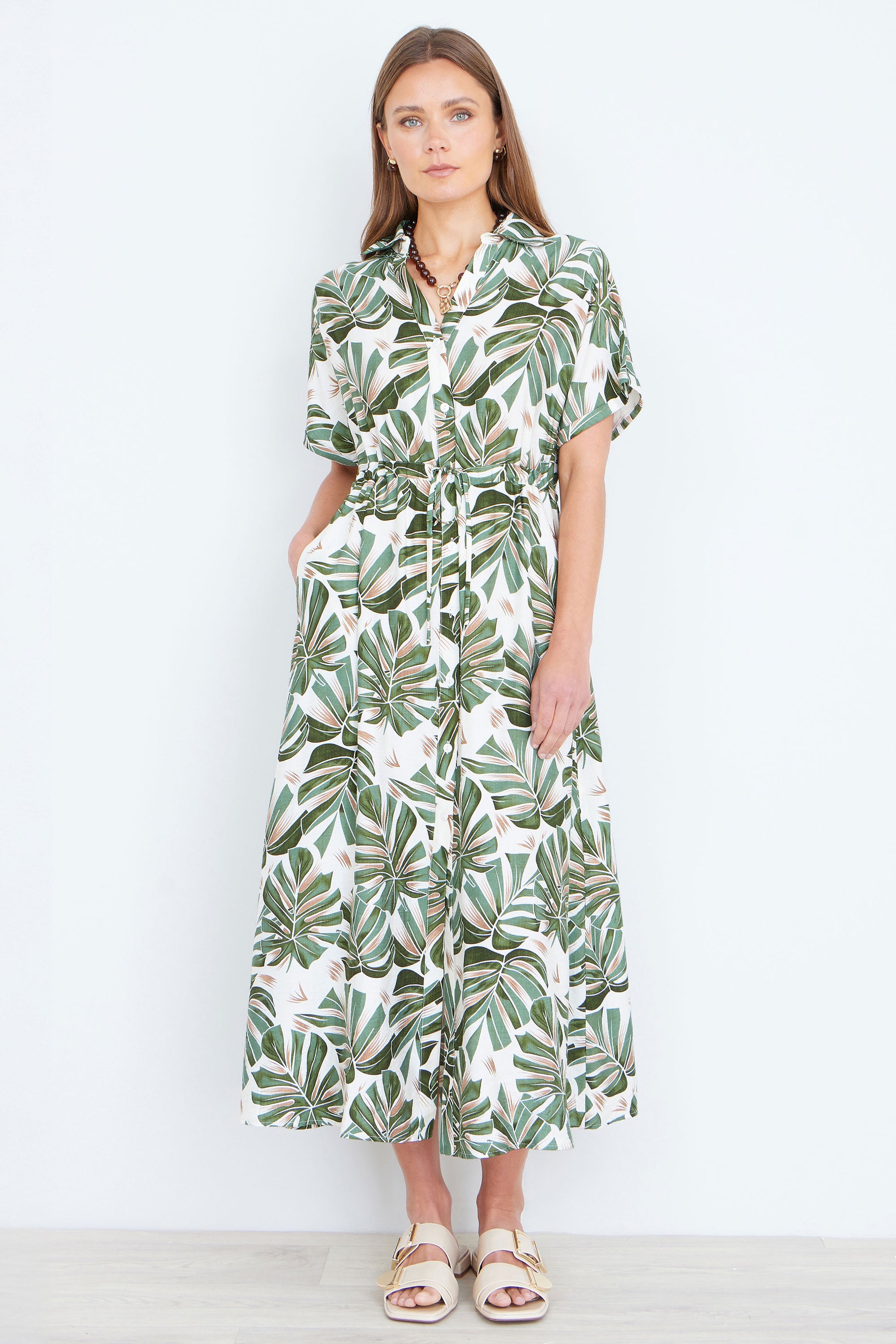 Yumi Green Viscose Leaf Print Relaxed Midi Dress Dress Casual Yumi